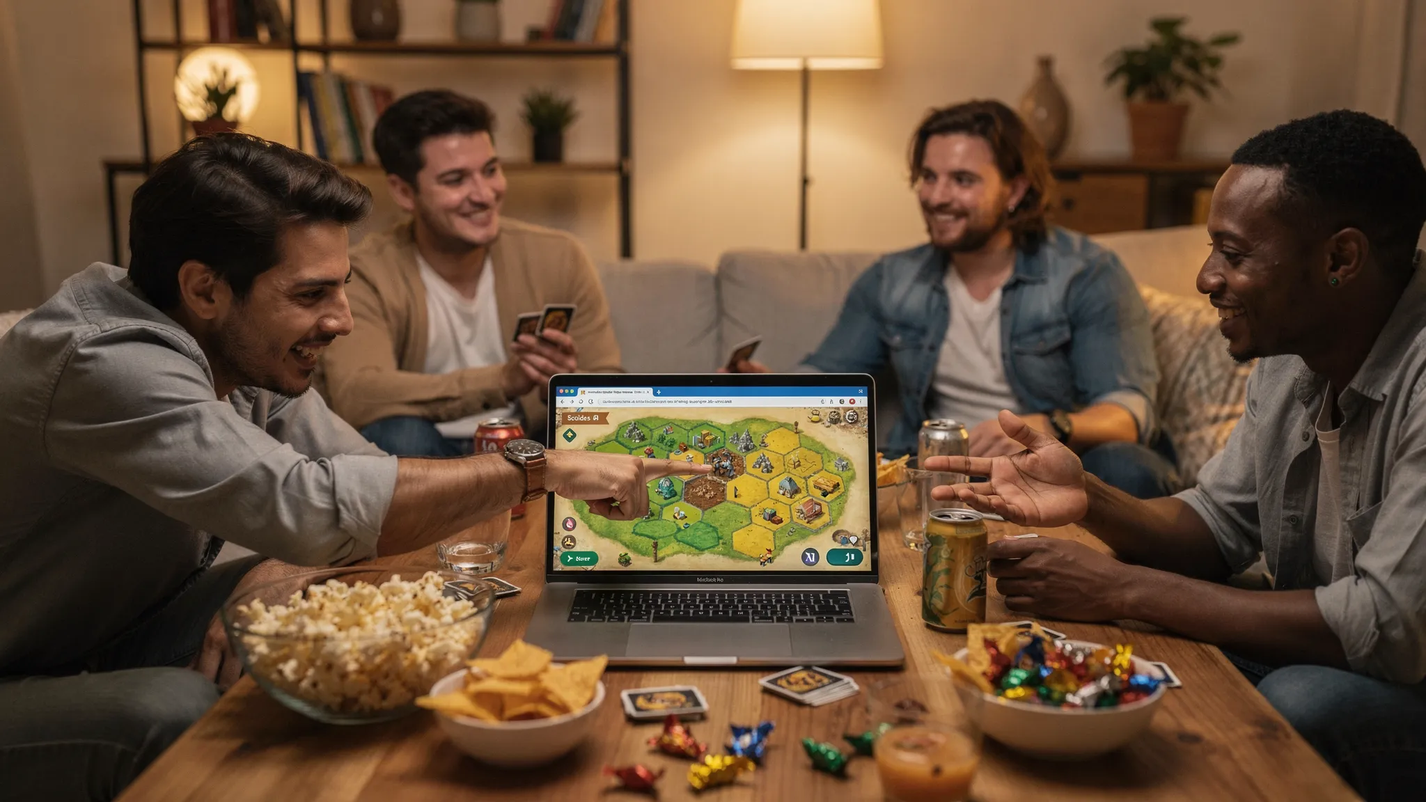 A cozy online game night scene with four friends sitting around a table with snacks while a laptop in the center shows a browser-based board game map; everyone is discussing a trade and pointing at resource cards. The laptop screen faces the viewer and displays a simple colorful hex map and resource icons.
