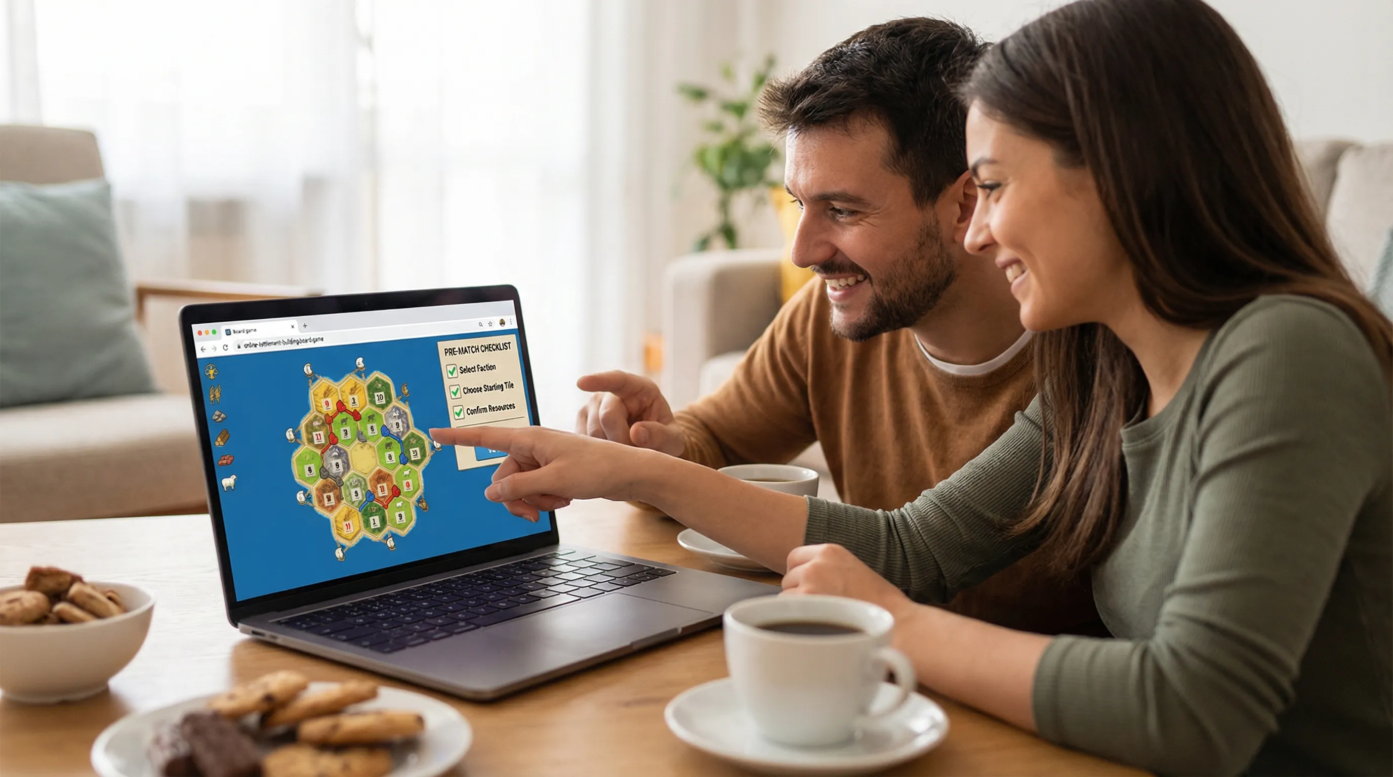 Two friends playing an online settlement-building board game in a web browser, with a hex-tile map, resource icons, and a simple pre-match checklist shown beside the game board.