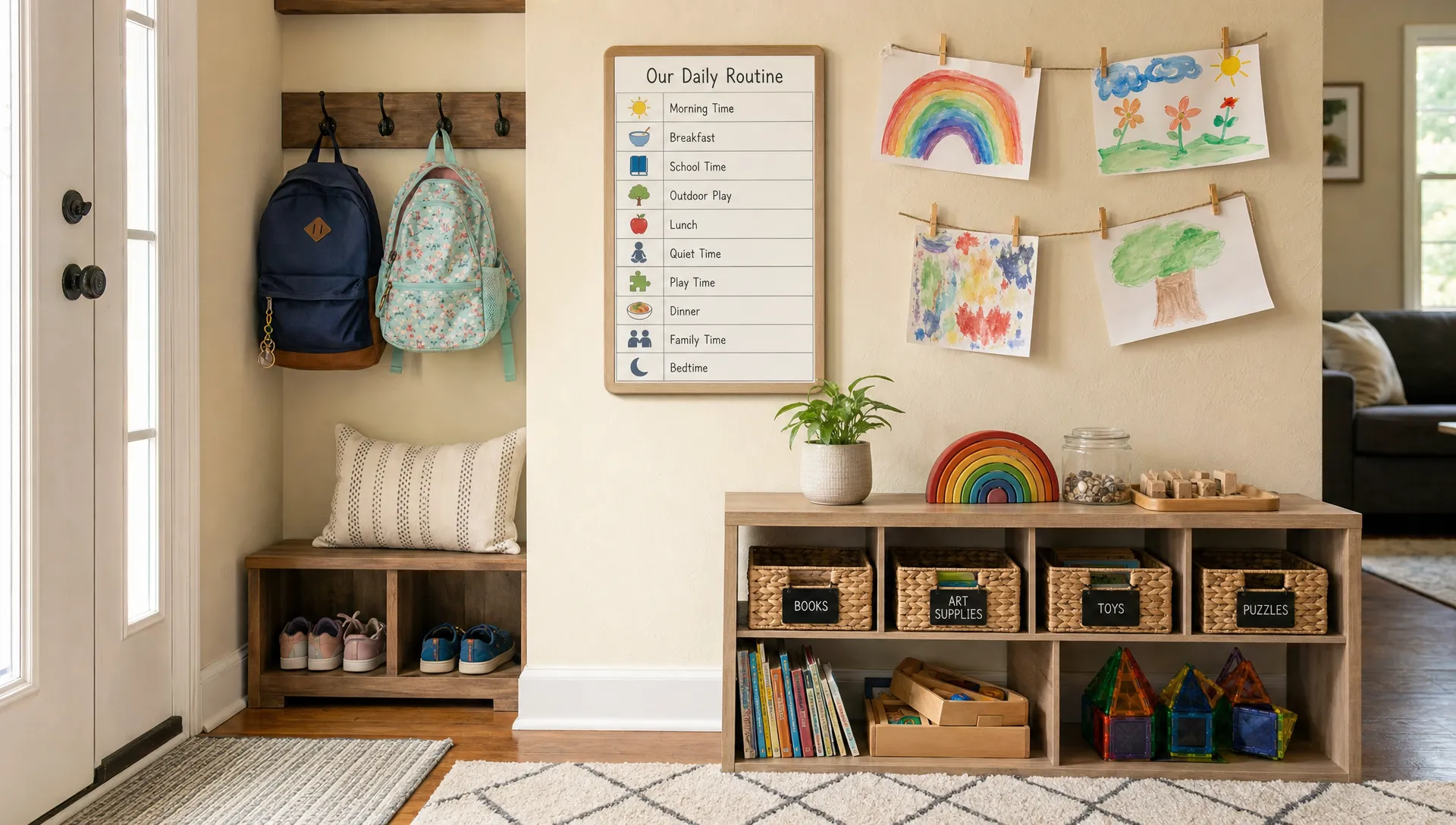 A cozy family corner with a small routine chart, labeled baskets, backpacks by the door, a few open-ended toys on a low shelf, and children's artwork displayed on the wall.