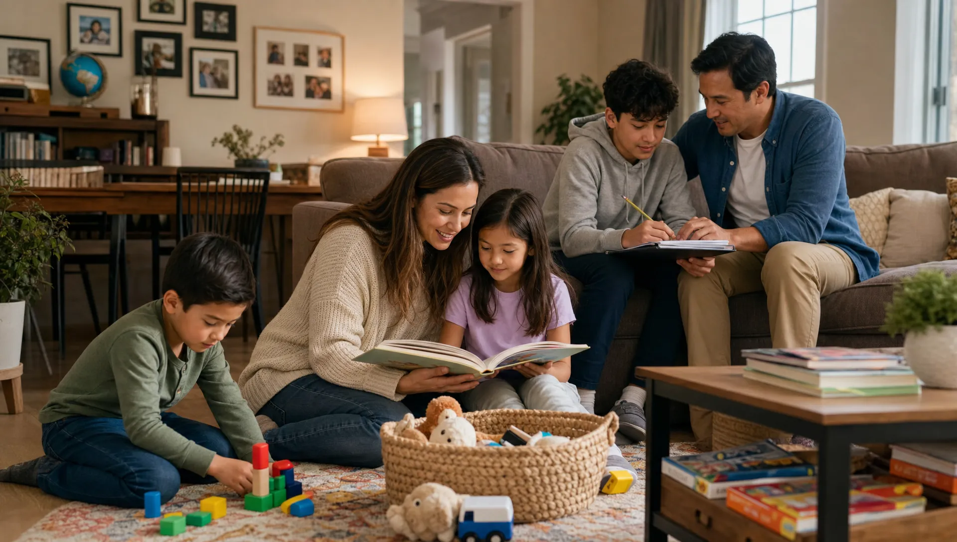 A warm family scene with parents and children of different ages spending time together in a family room, with books, a toy basket, homework supplies, and a calm home setting that reflects different stages of childhood.
