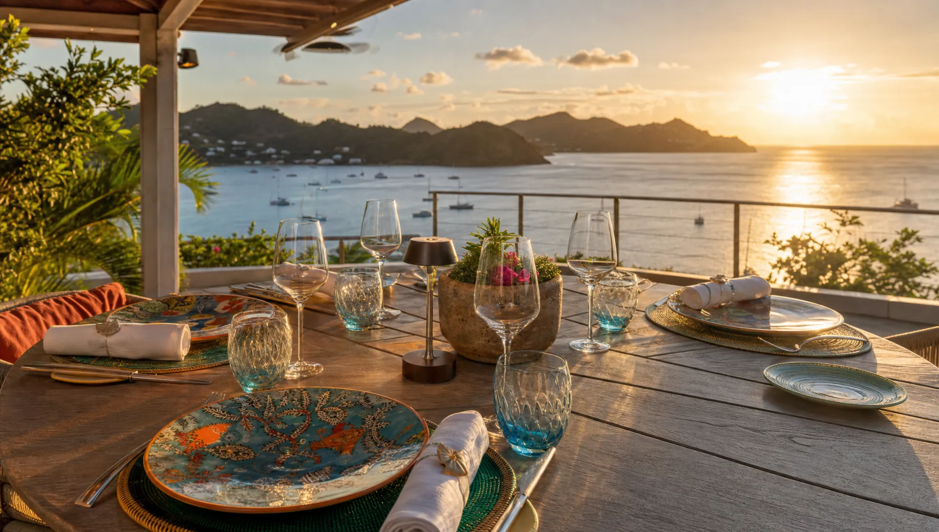 Une table dressée en terrasse à Saint-Barthélemy avec vue sur la mer, des assiettes colorées, des verres, une lumière de fin de journée et une ambiance élégante mais détendue.