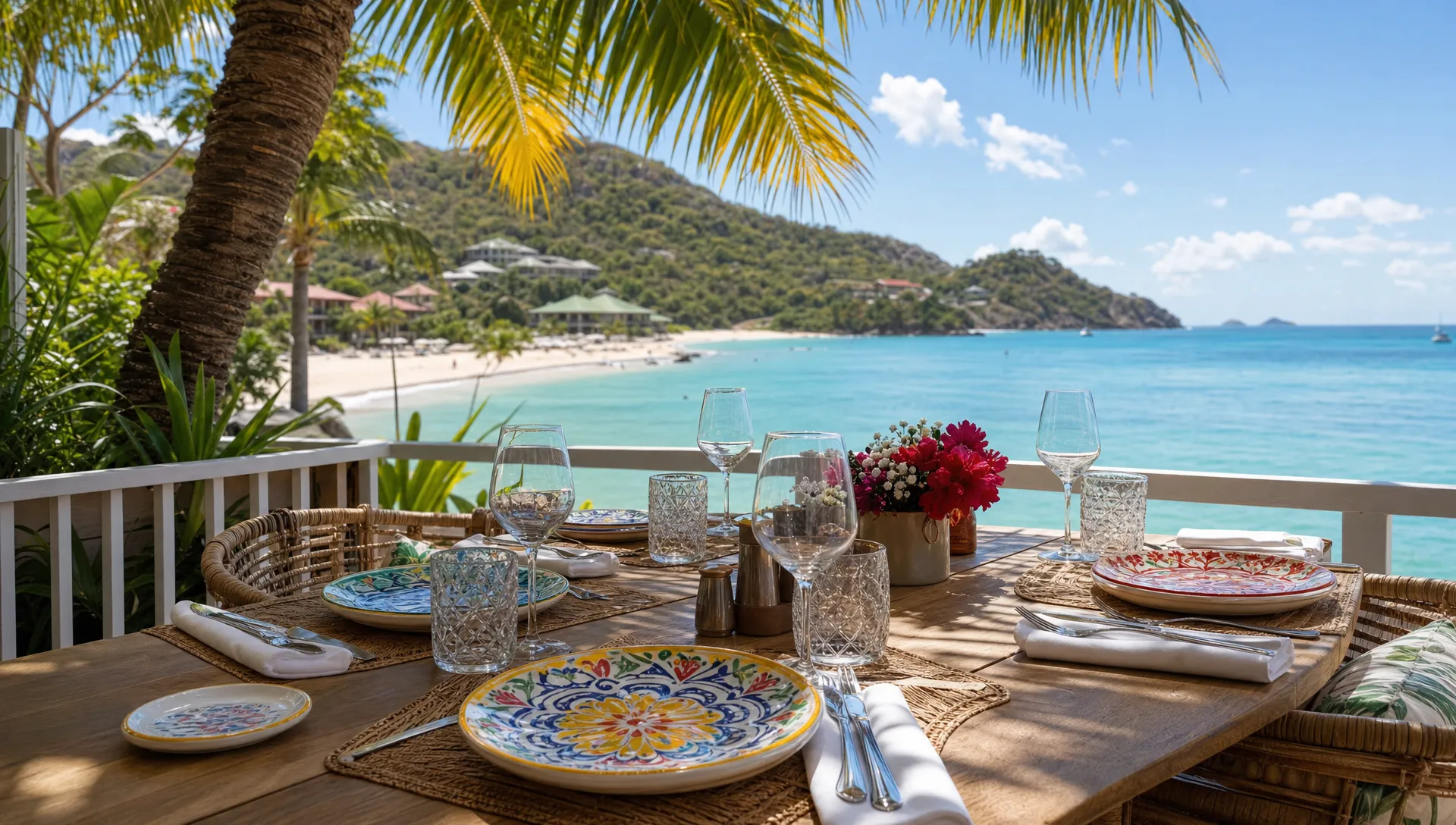 Une table dressée en terrasse face à la mer à Saint-Barth, avec des assiettes colorées, des verres, des palmiers et une plage lumineuse en arrière-plan.