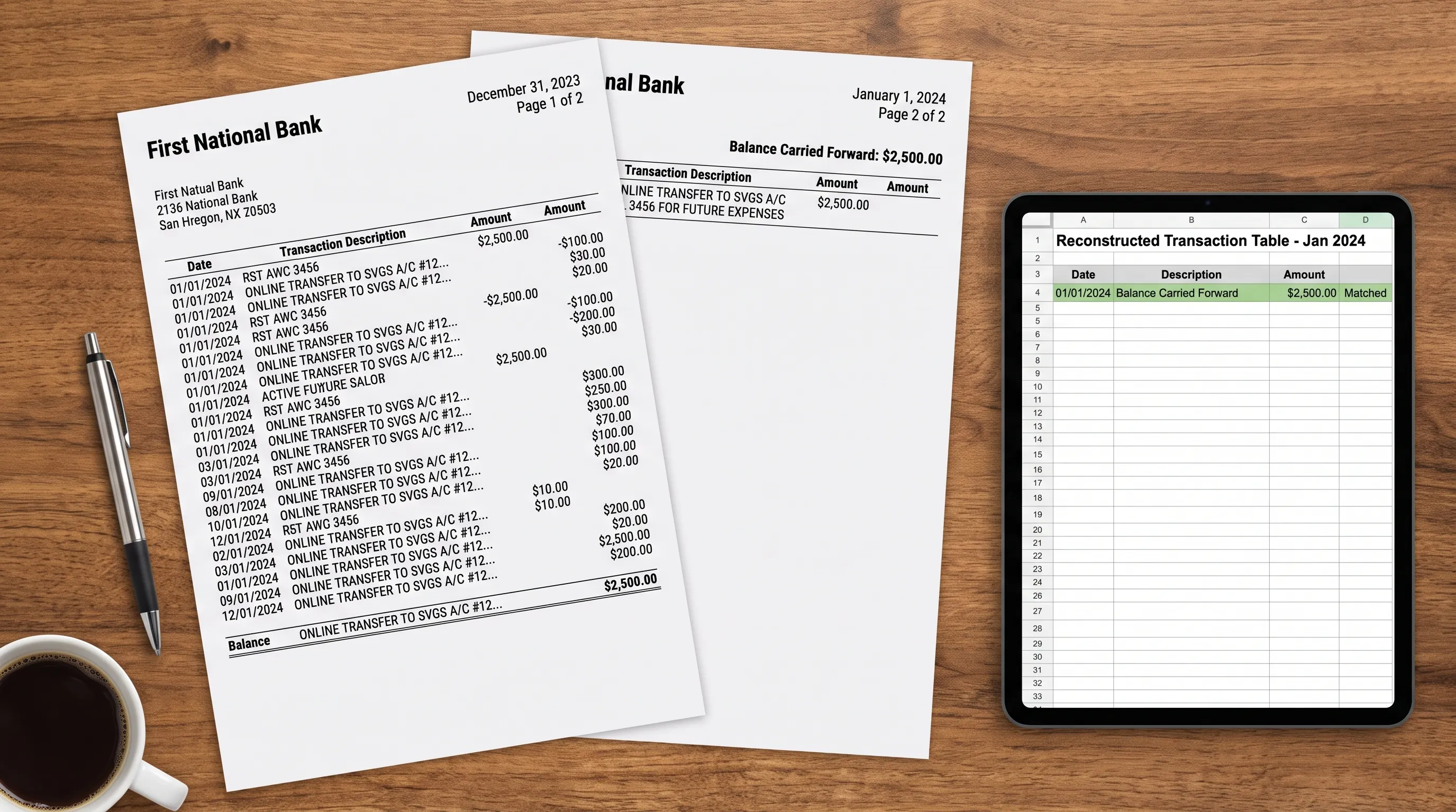 Two consecutive statement pages sit beside a reconstructed transaction table, showing matching carried-forward balances and a description continued across the page break.