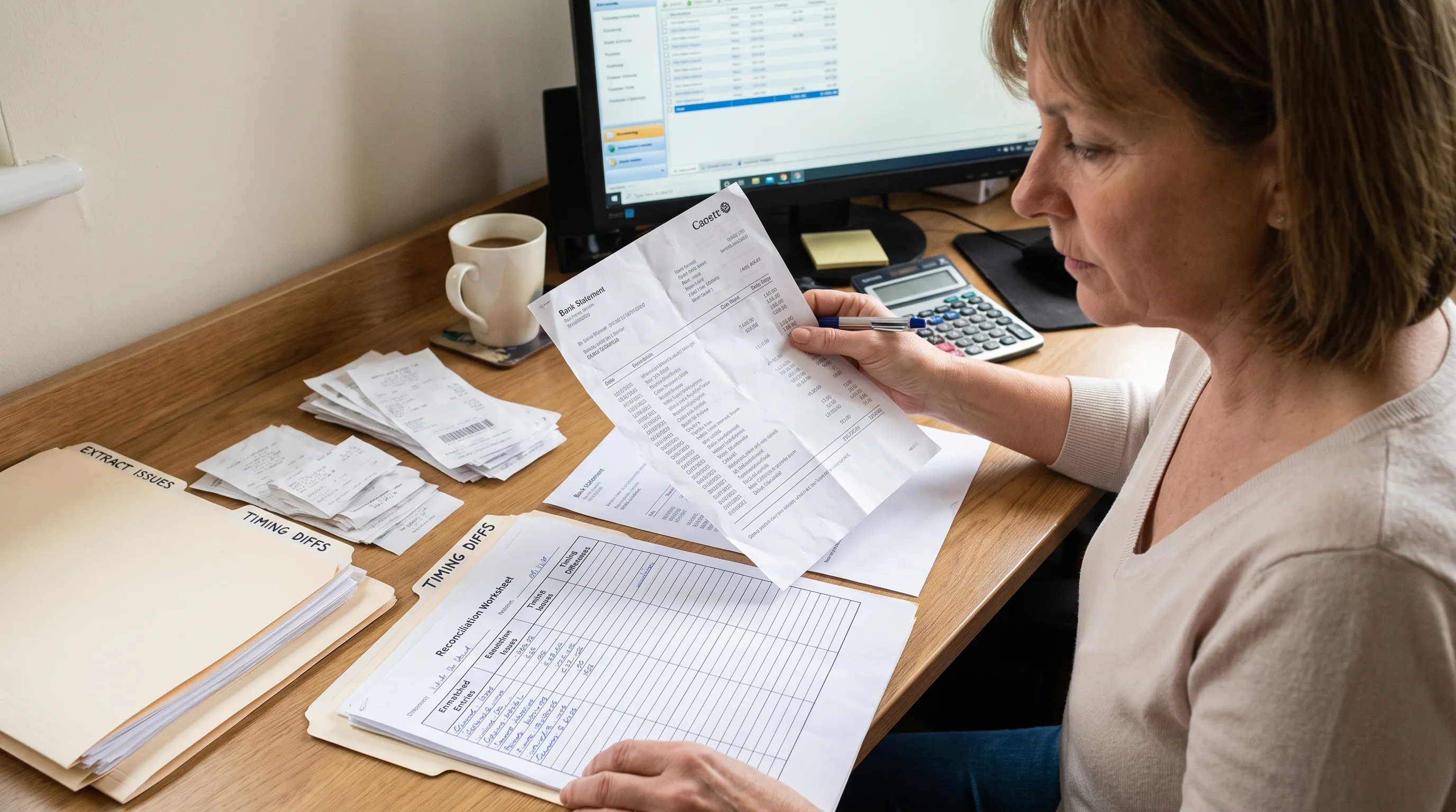 A bookkeeper checks a printed bank statement against a reconciliation worksheet, sorting unmatched entries into extraction issues and timing differences.