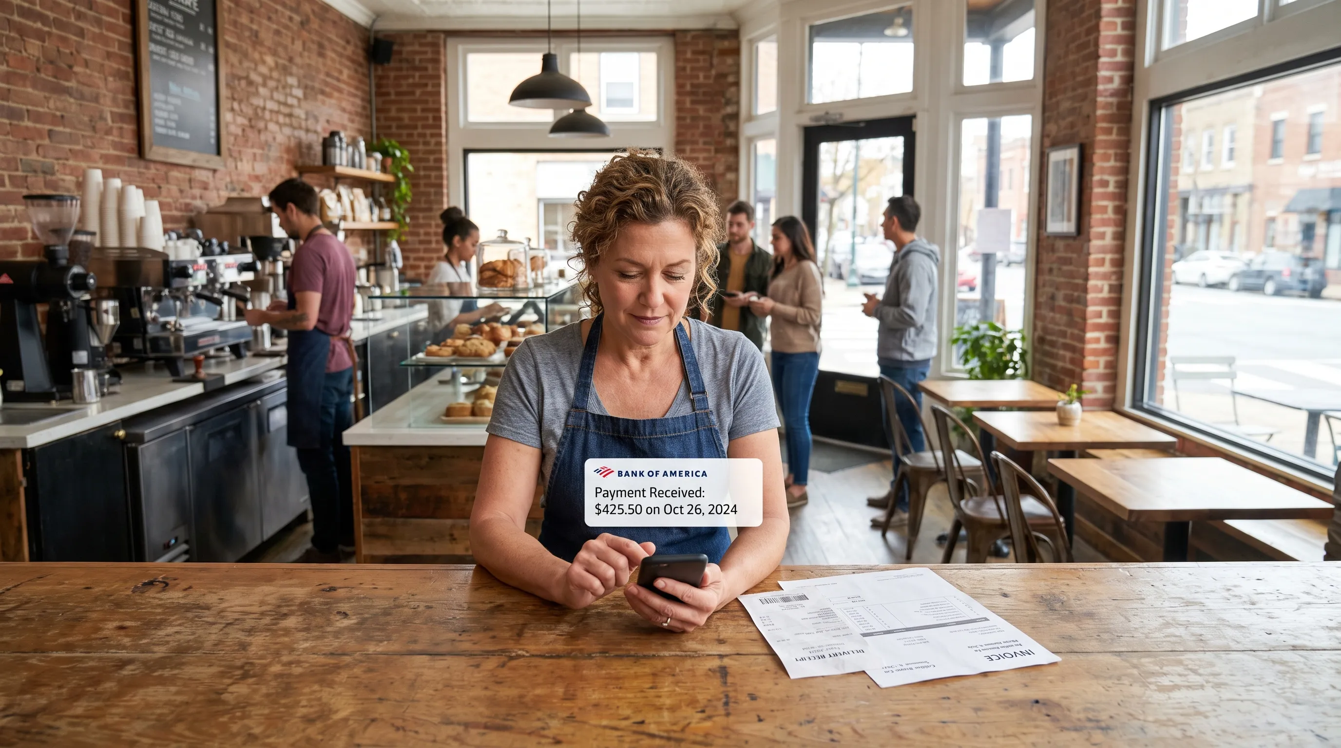 A small-business owner checks a bank payment on a phone beside a supplier invoice and delivery receipt.