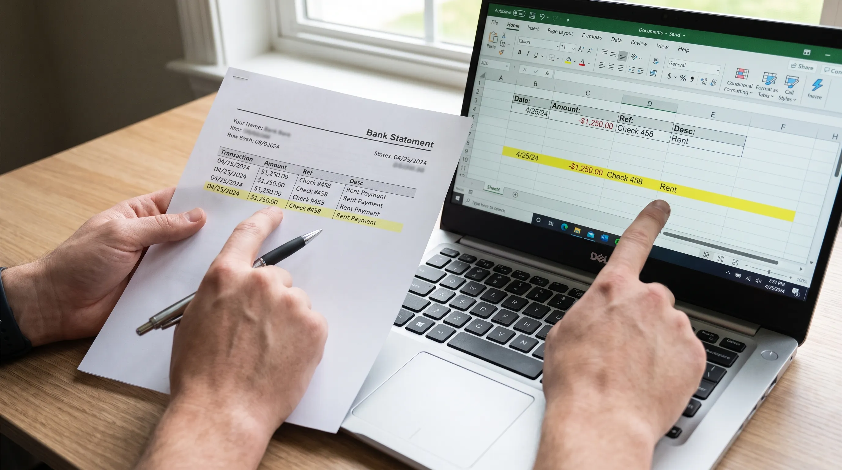 A reviewer compares a printed bank transaction with its spreadsheet row, checking dates, signed amounts and references against the source statement.