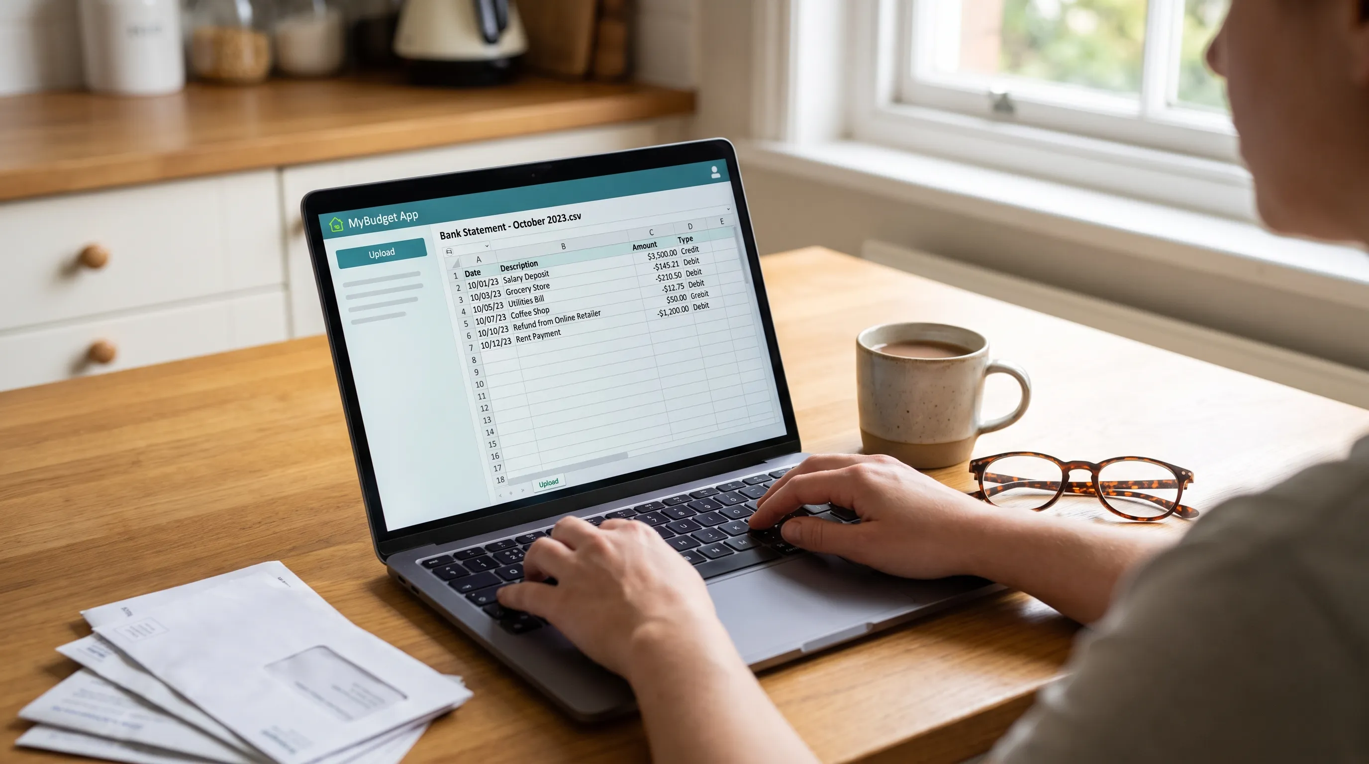 An adult reviews a bank statement CSV at home, checking deposits and withdrawals on a laptop before importing them.