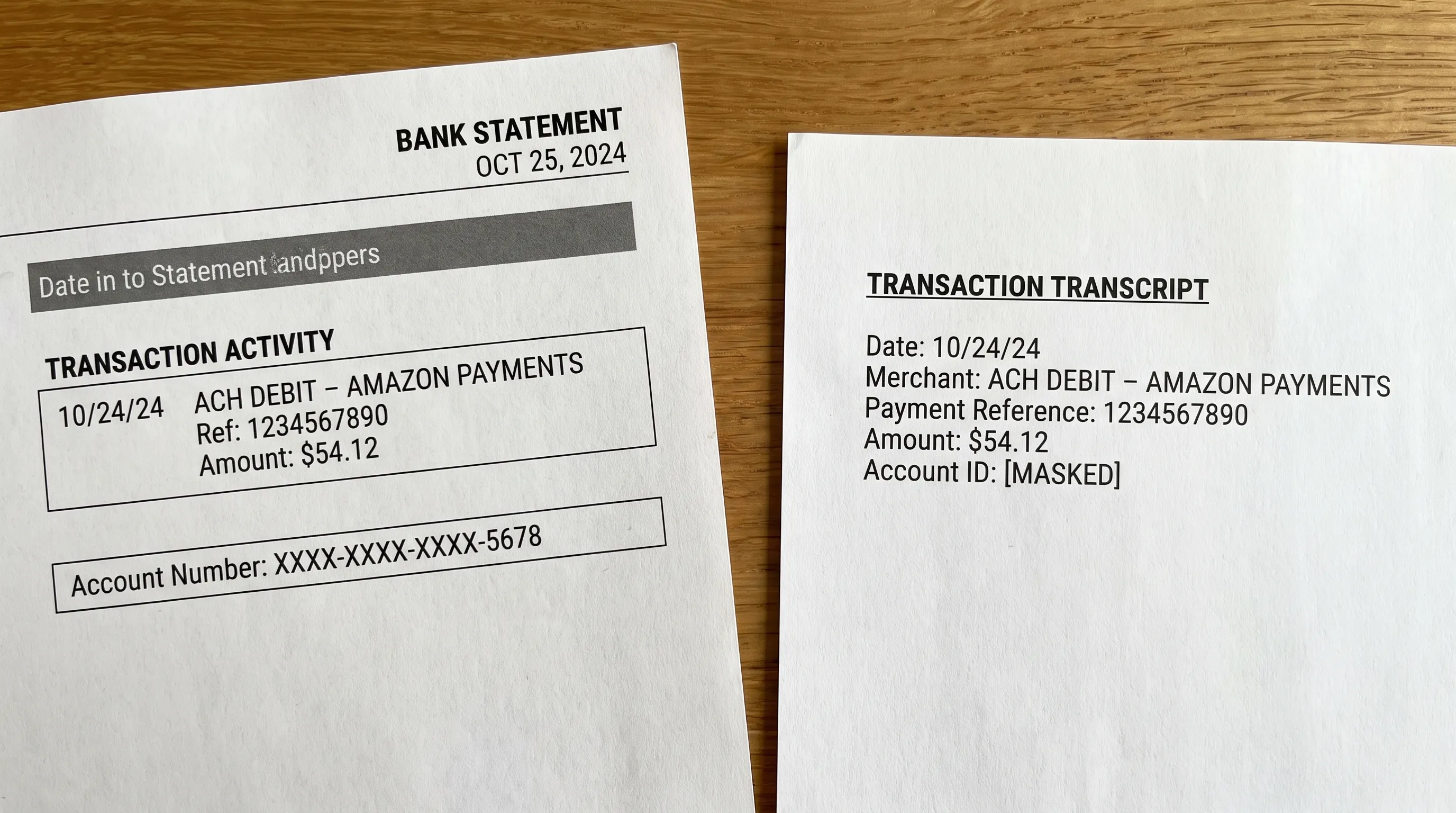A bank statement page and its text transcript show the same merchant description and payment reference, with the account identifier masked.