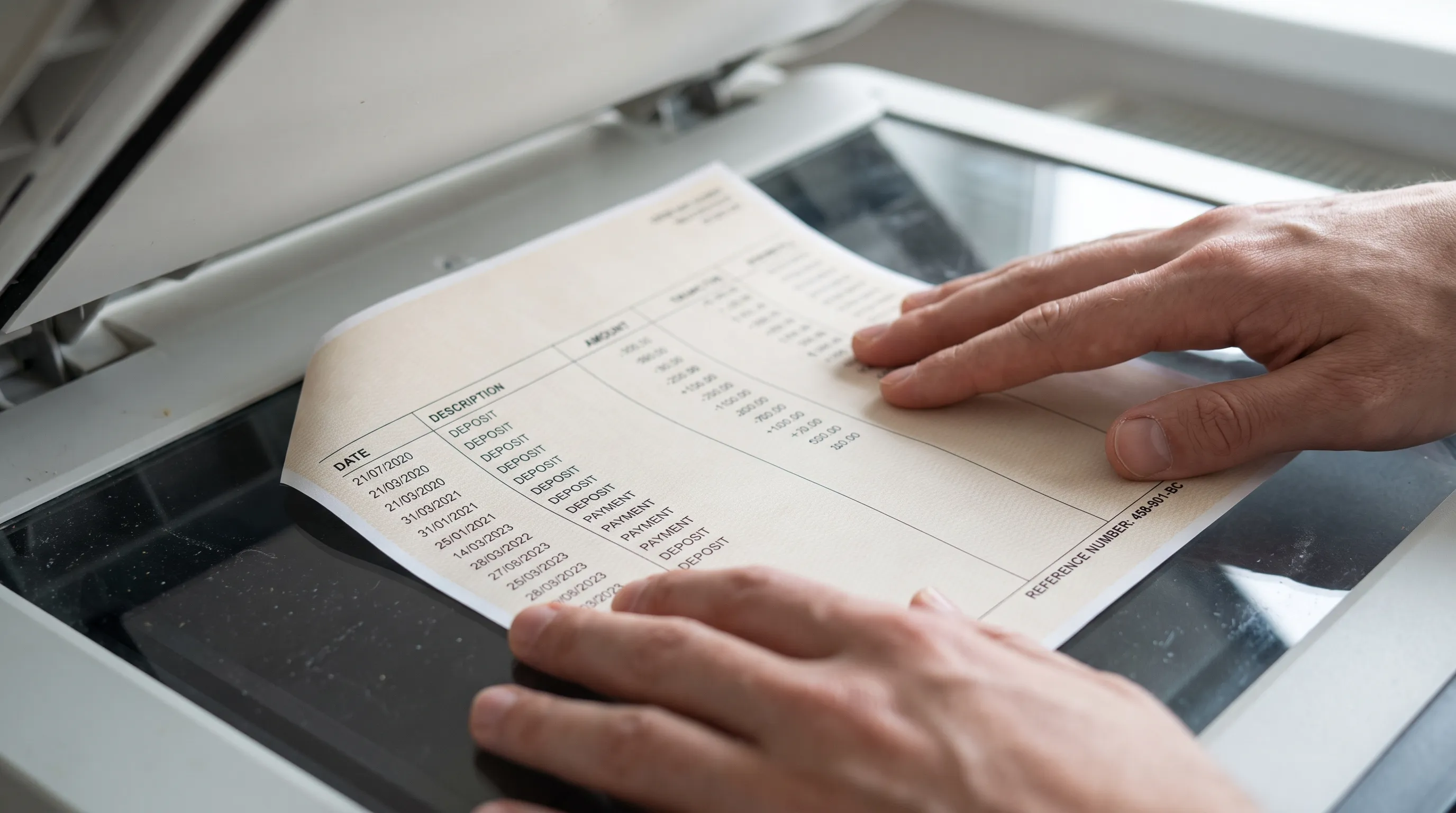 Hands align a bank statement on a scanner so its transaction details can be recognized and searched.