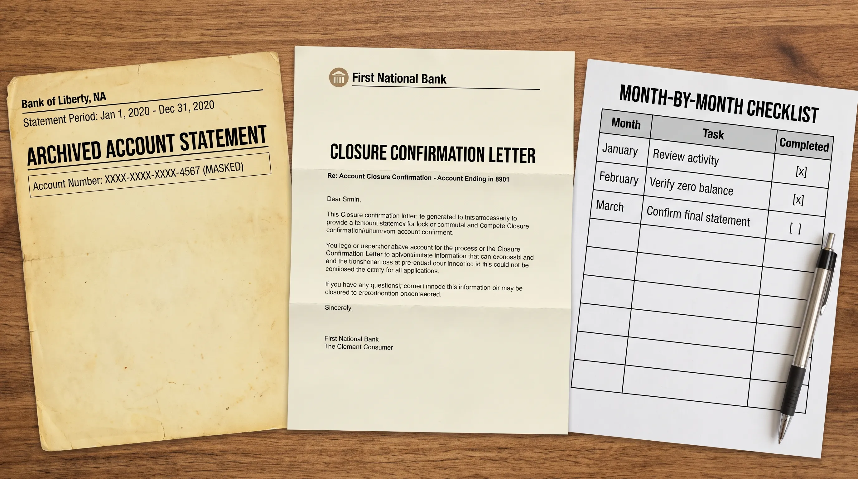 An archived account statement, closure confirmation letter and month-by-month checklist lie together, with account numbers masked.