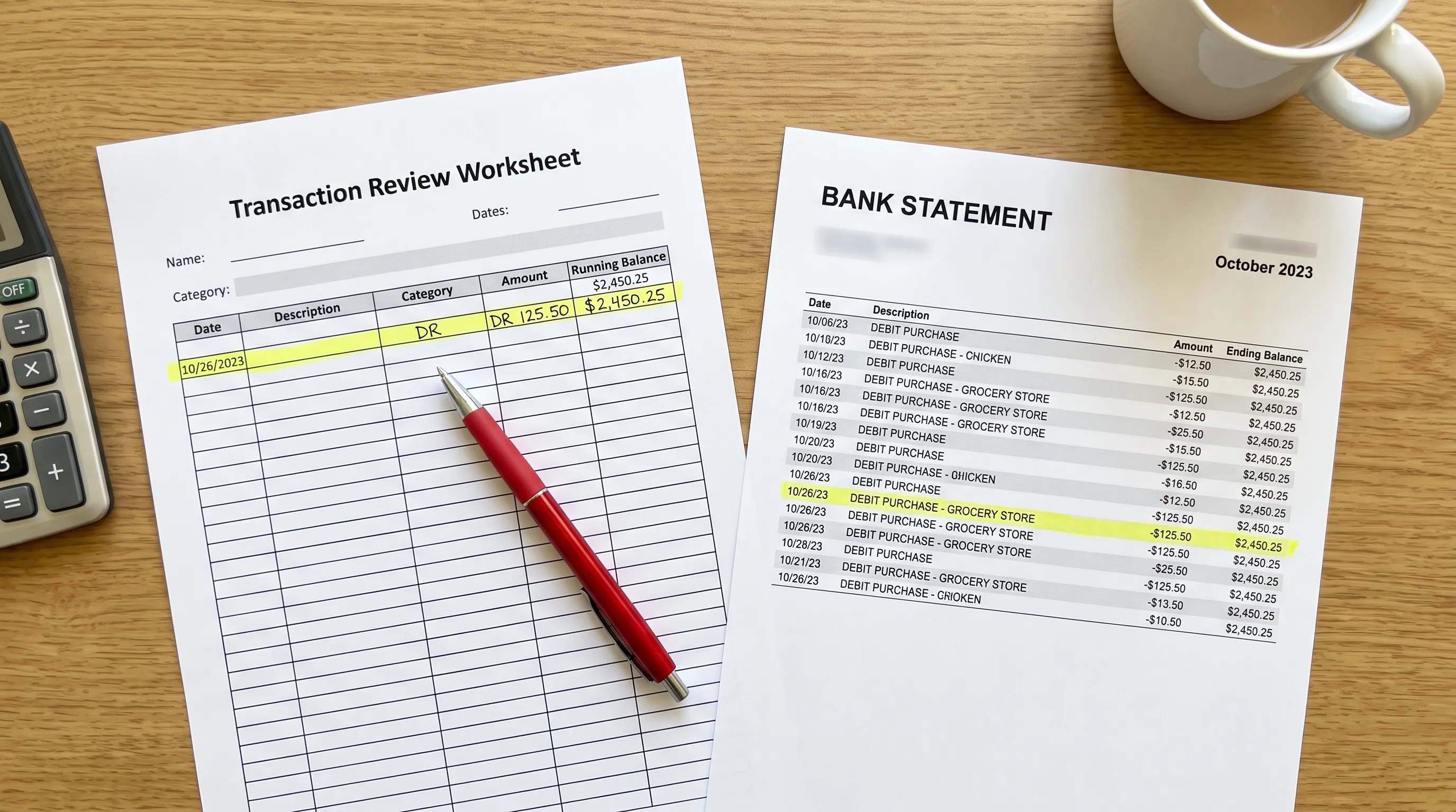 A transaction review worksheet and printed bank statement lie side by side on a review table, with a debit and matching running balance highlighted for checking extracted figures.