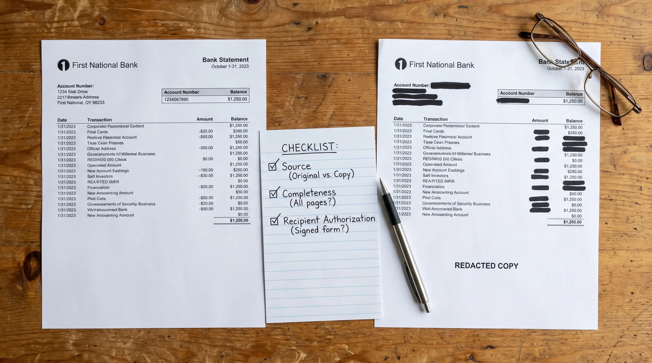 An original bank statement and a redacted sharing copy lie beside a checklist of review points.