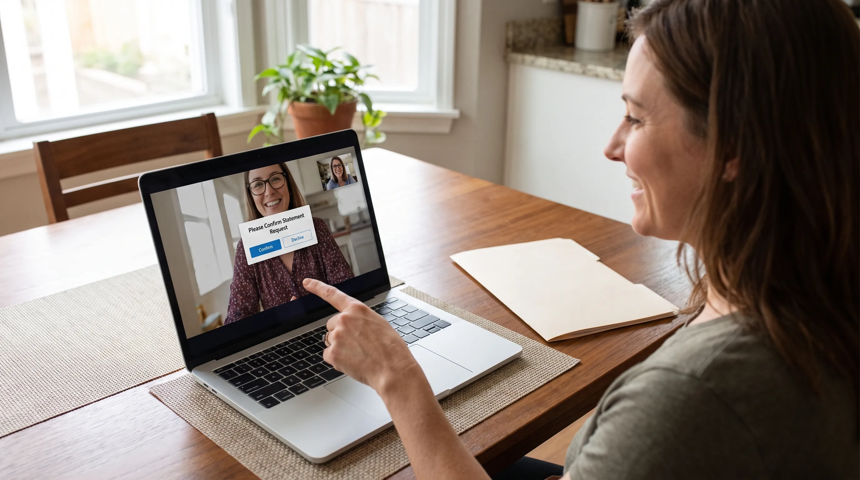 An account holder discusses a bank statement request with a recipient during a video call.