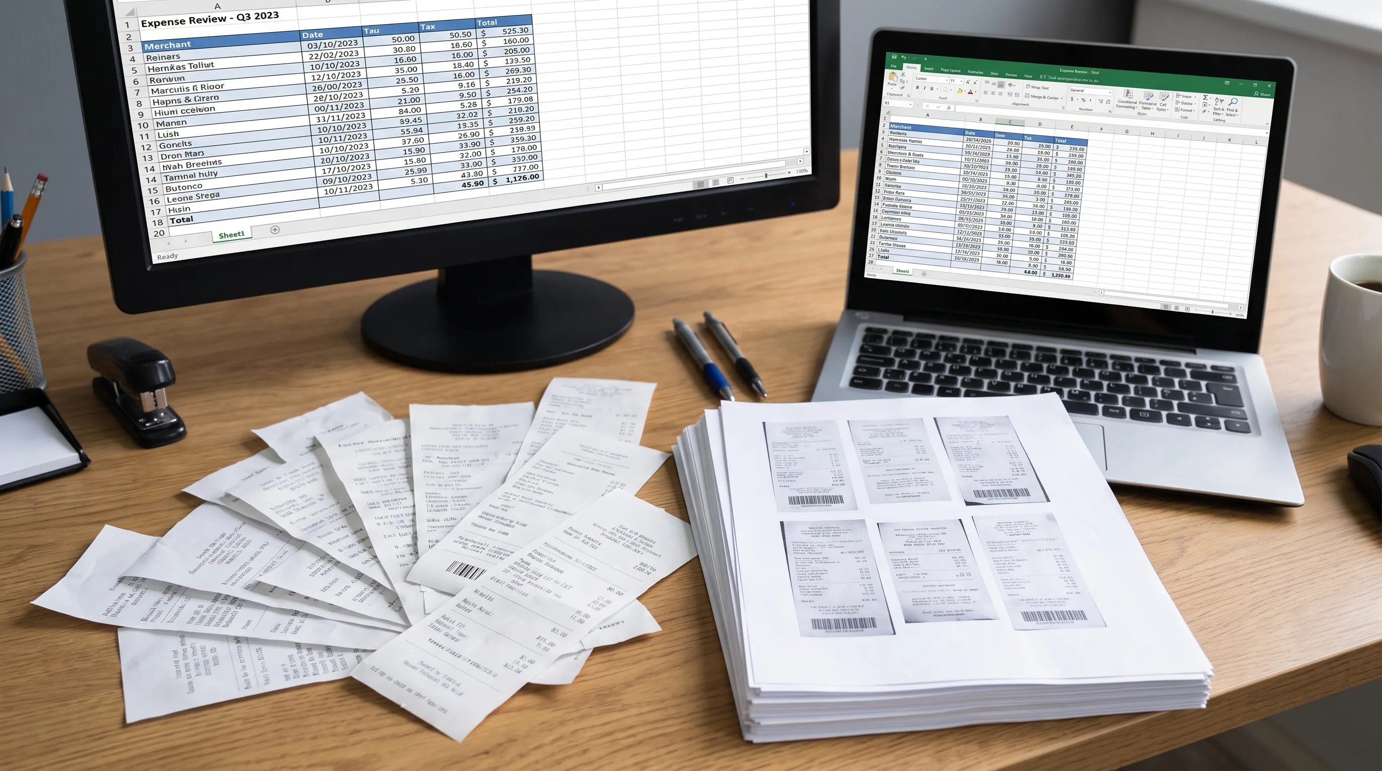 A desk with paper receipts, scanned copies and a spreadsheet of merchant, date, tax and total fields ready for expense review.