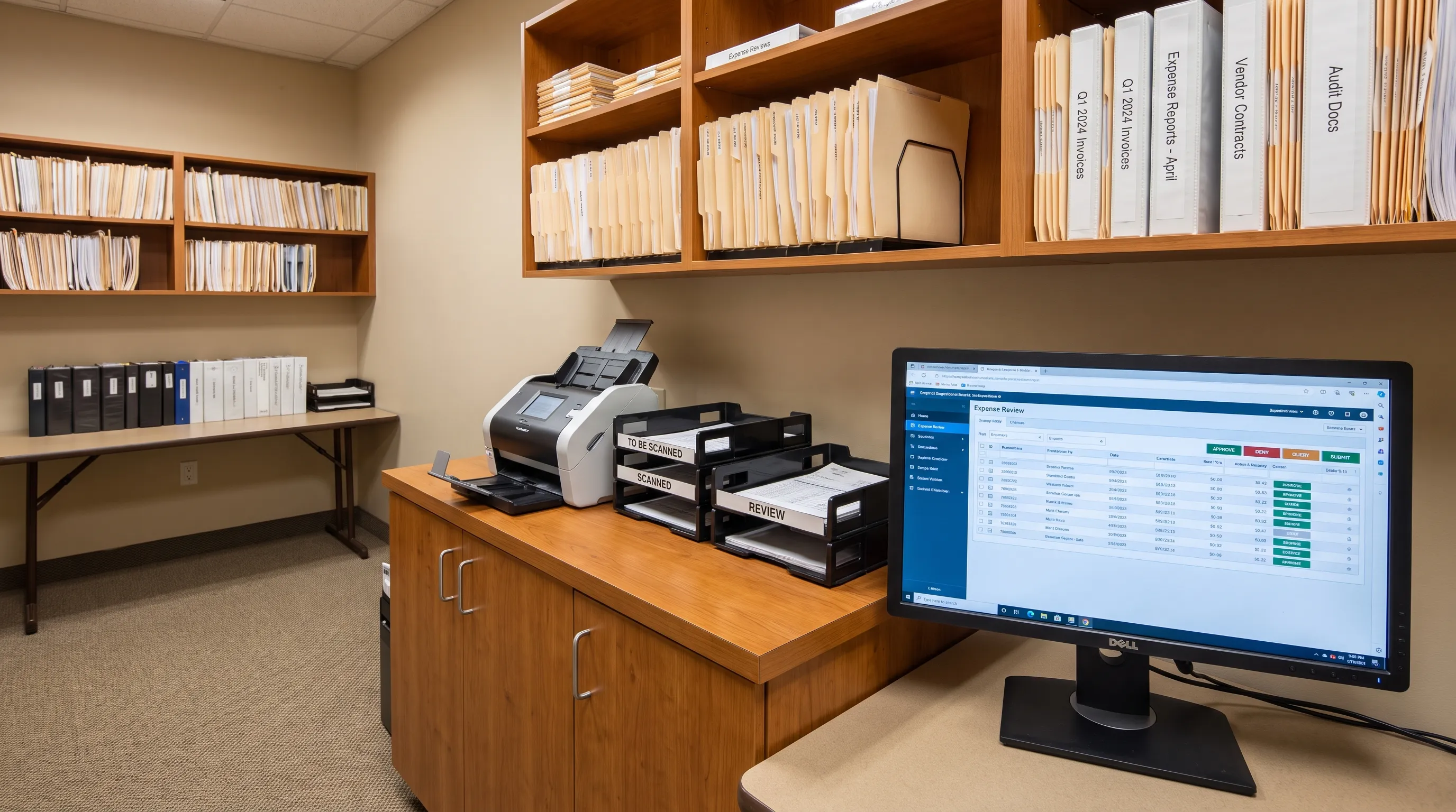 A finance workspace shows a receipt scanner station and organized expense review tools.