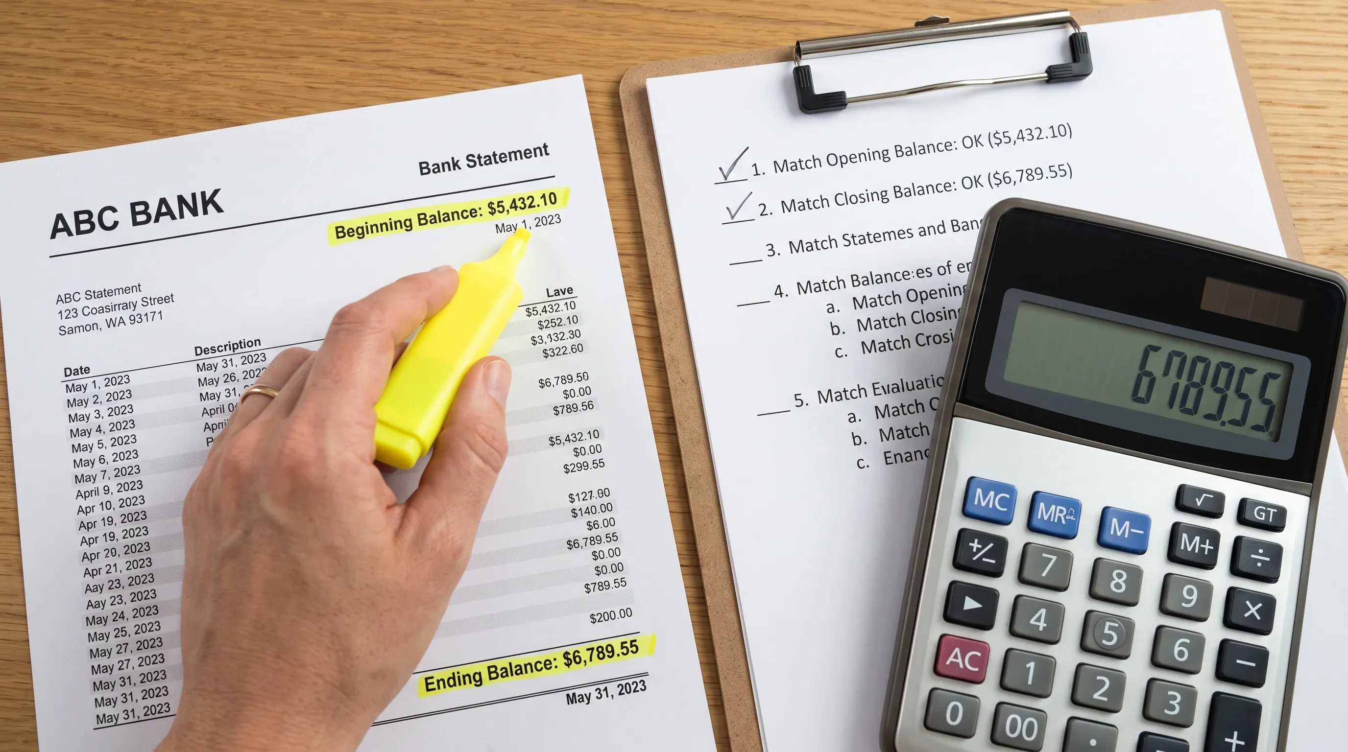 A reviewer’s hand compares highlighted opening and closing balances on a printed bank statement with figures on a checklist, with a calculator beside the pages.