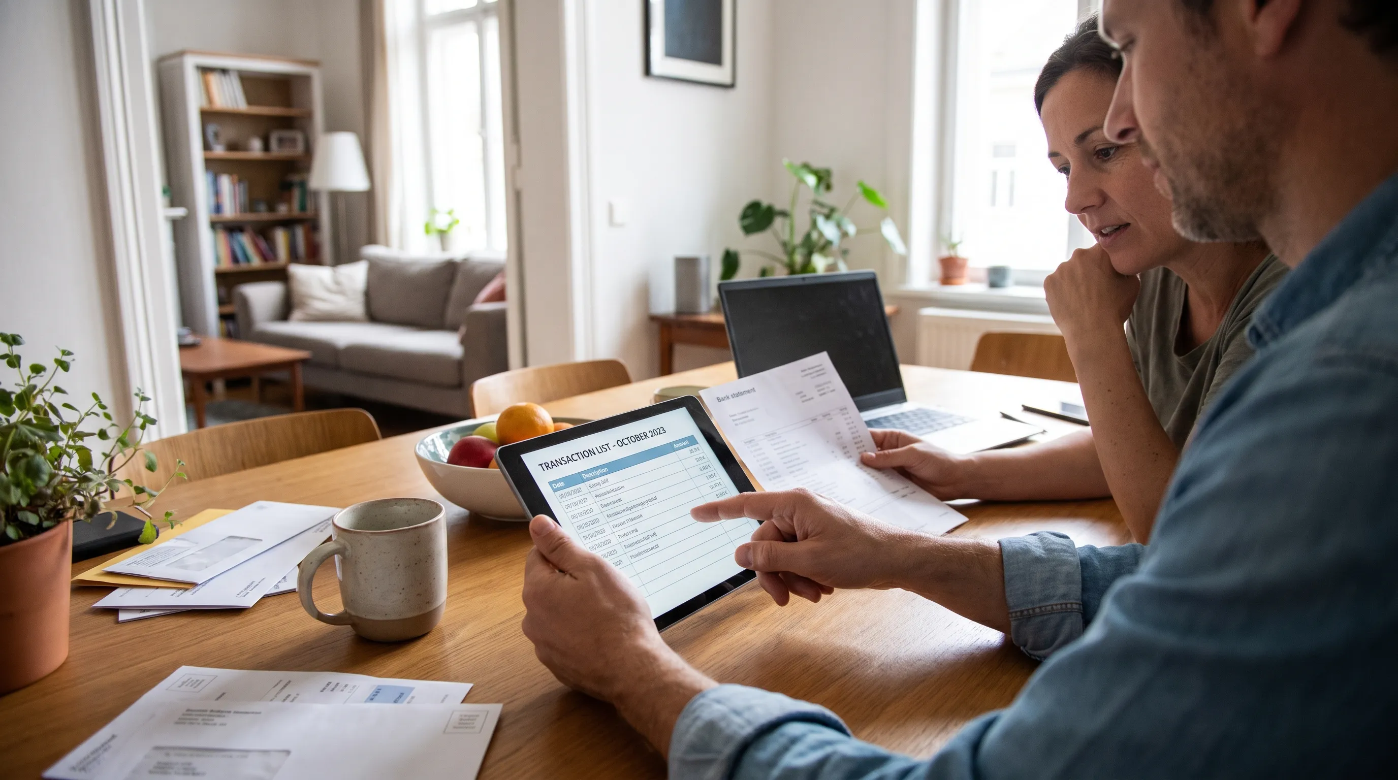 Two adults review an exported bank transaction list beside a paper statement at home.