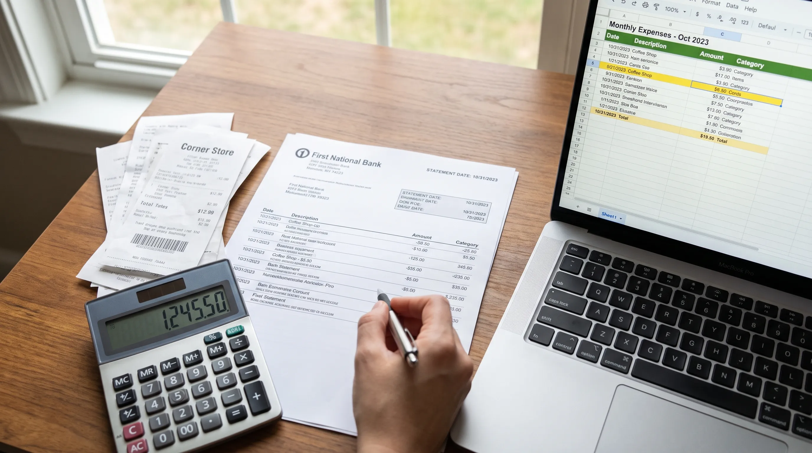 A desk holds a printed bank statement, a calculator, receipts and a laptop spreadsheet for checking each transaction.