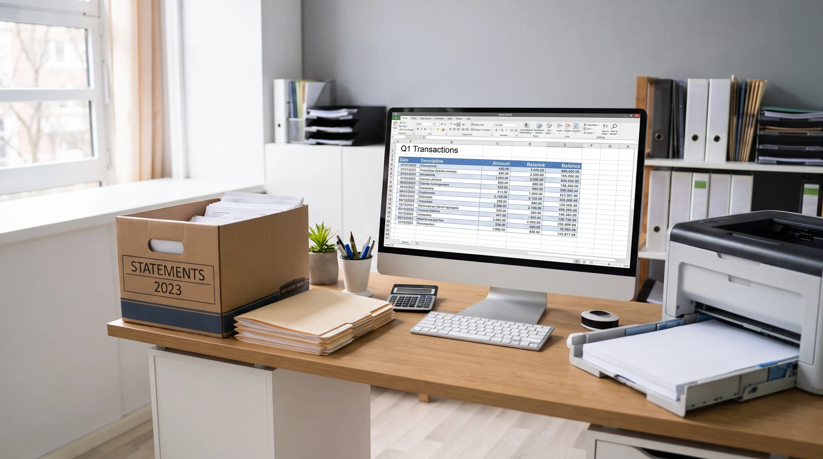A bookkeeping workspace holds bank statements, folders and a spreadsheet for checking transactions.