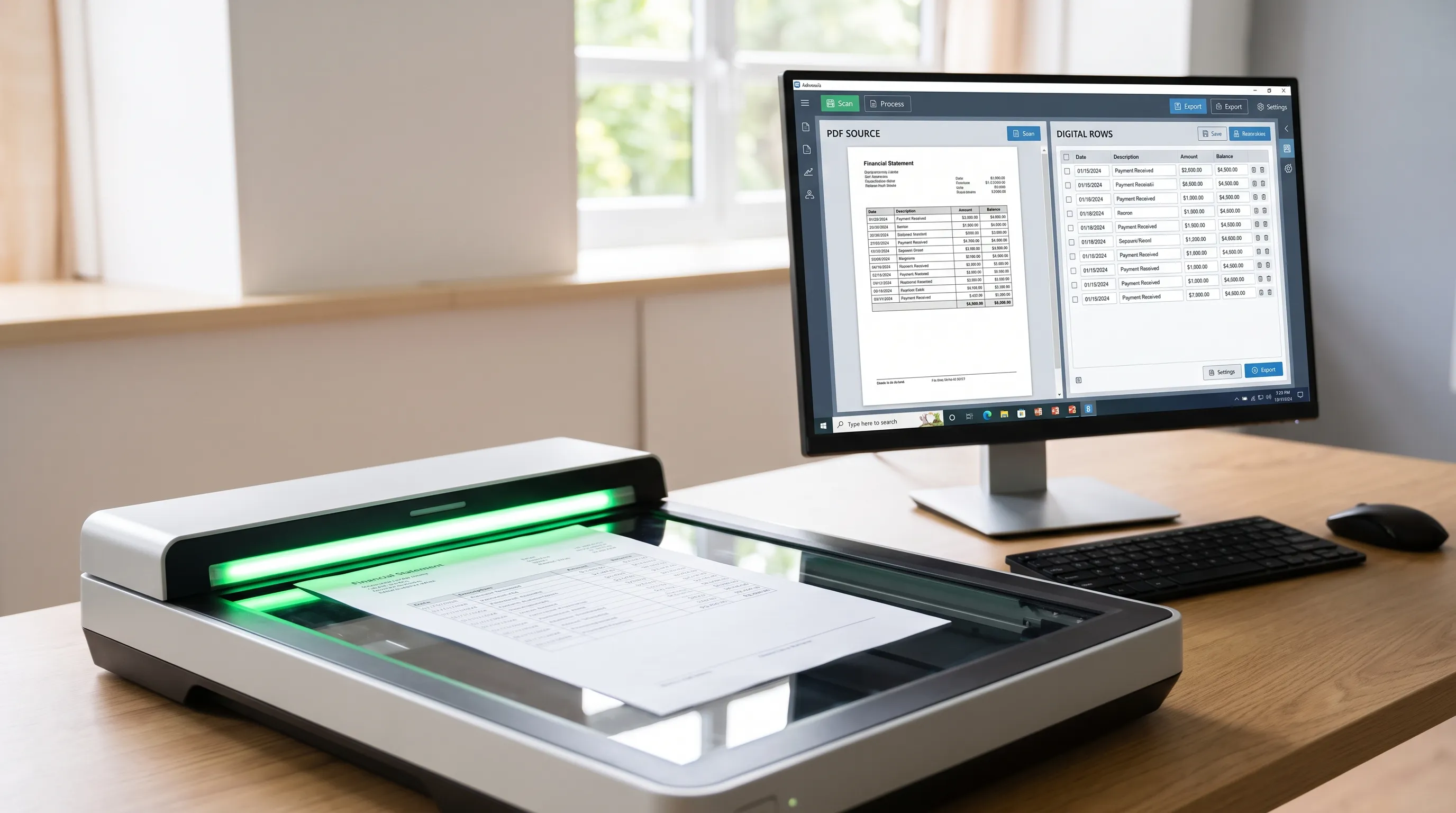 A text scanner processes a financial PDF into rows with date, description, amount and balance fields beside the source table.