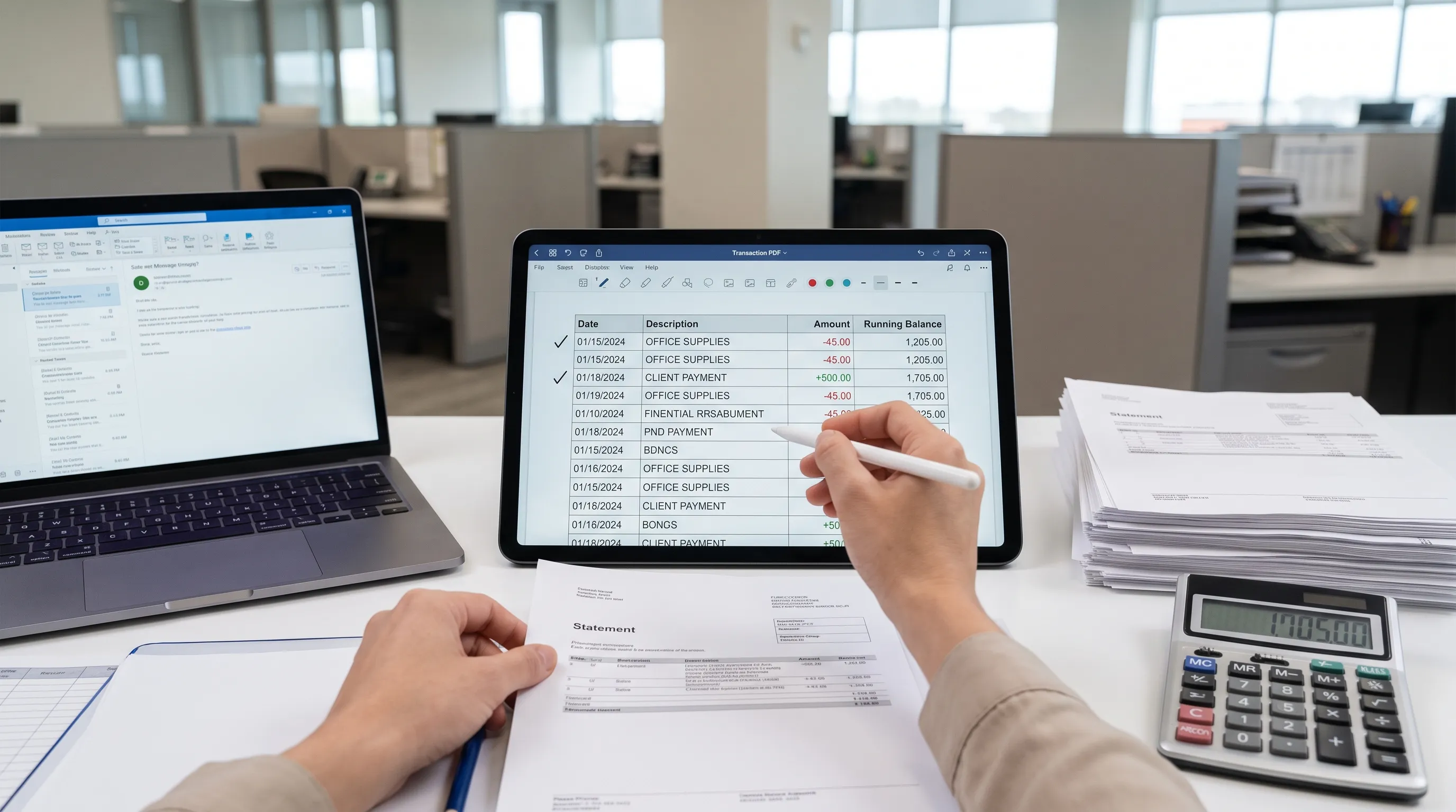 Hands sort a financial PDF beside a tablet and calculator as transaction rows are checked against running balances.