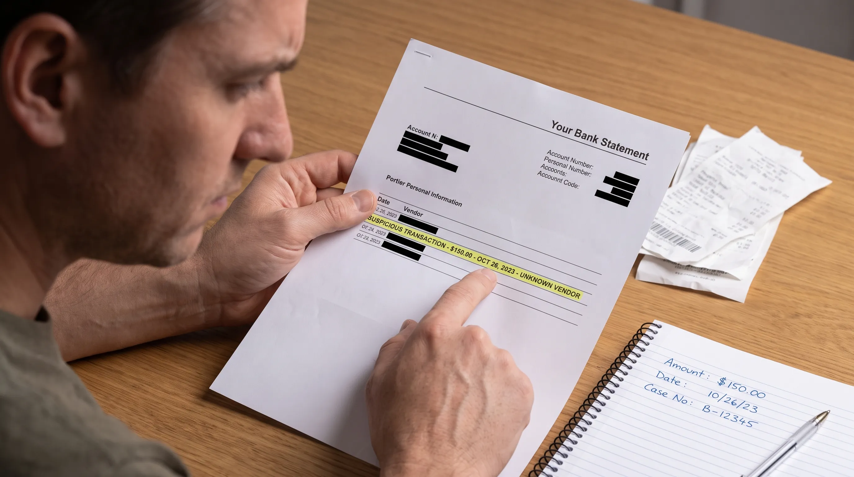 An account holder reviews a printed statement's unfamiliar transaction beside receipts and a notebook recording the amount, posting date and bank case number, with account details concealed.