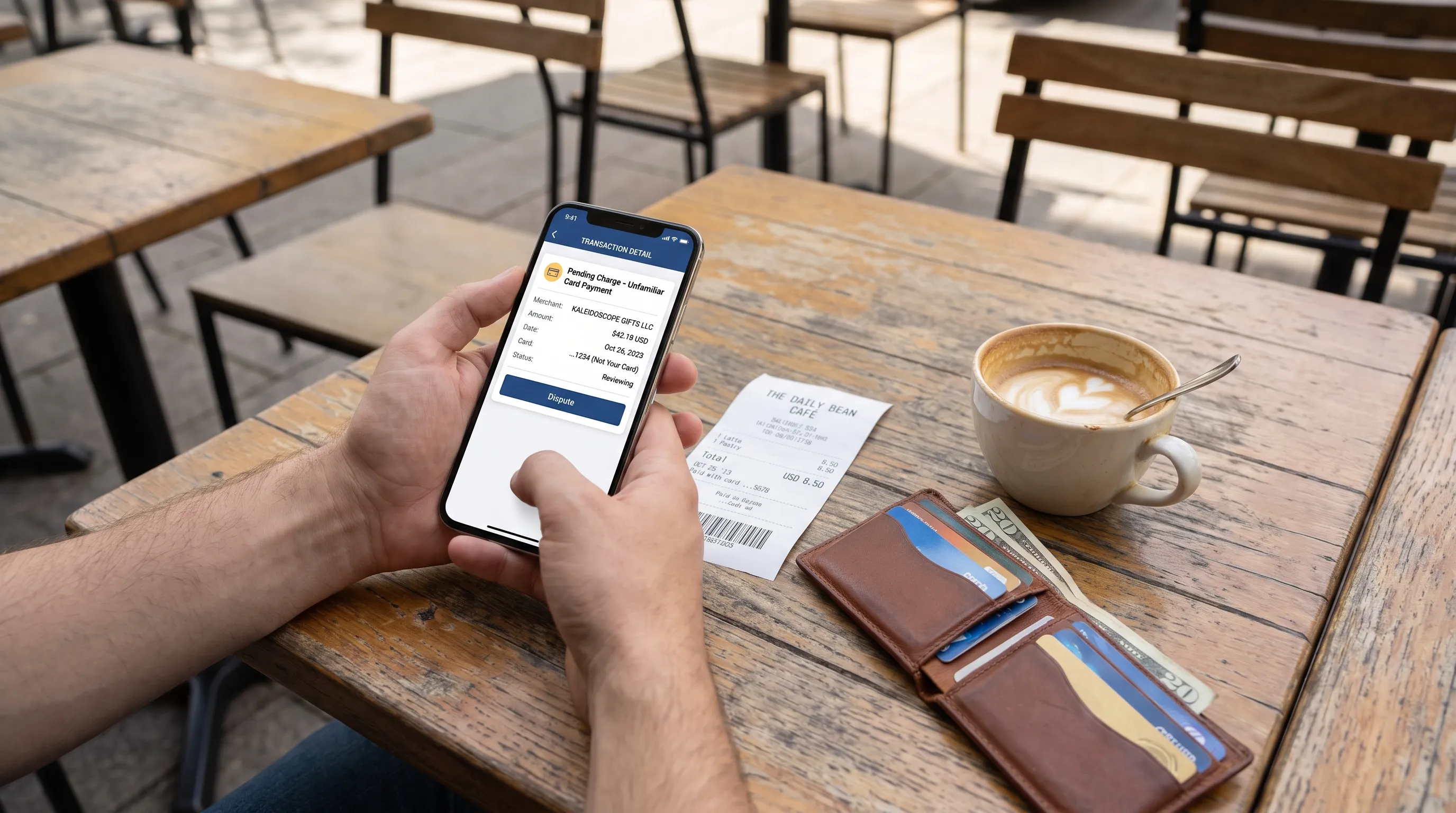 A café customer checks an unfamiliar card payment on a phone beside a receipt and wallet.