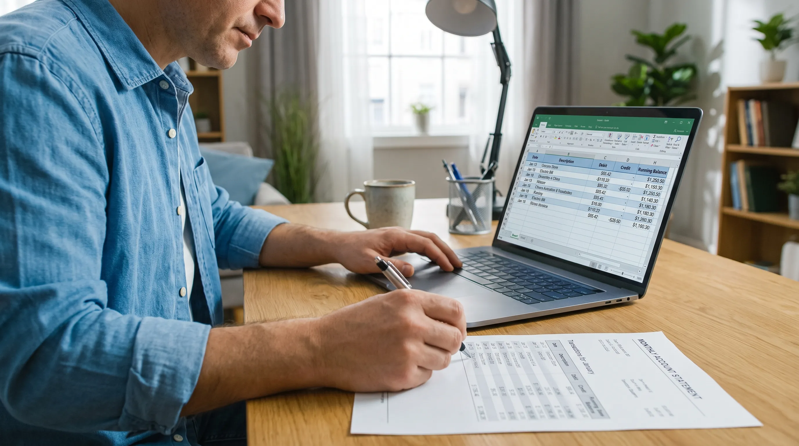 An adult checks dates, debit and credit amounts, and running balances on a bank statement against a spreadsheet on a laptop.