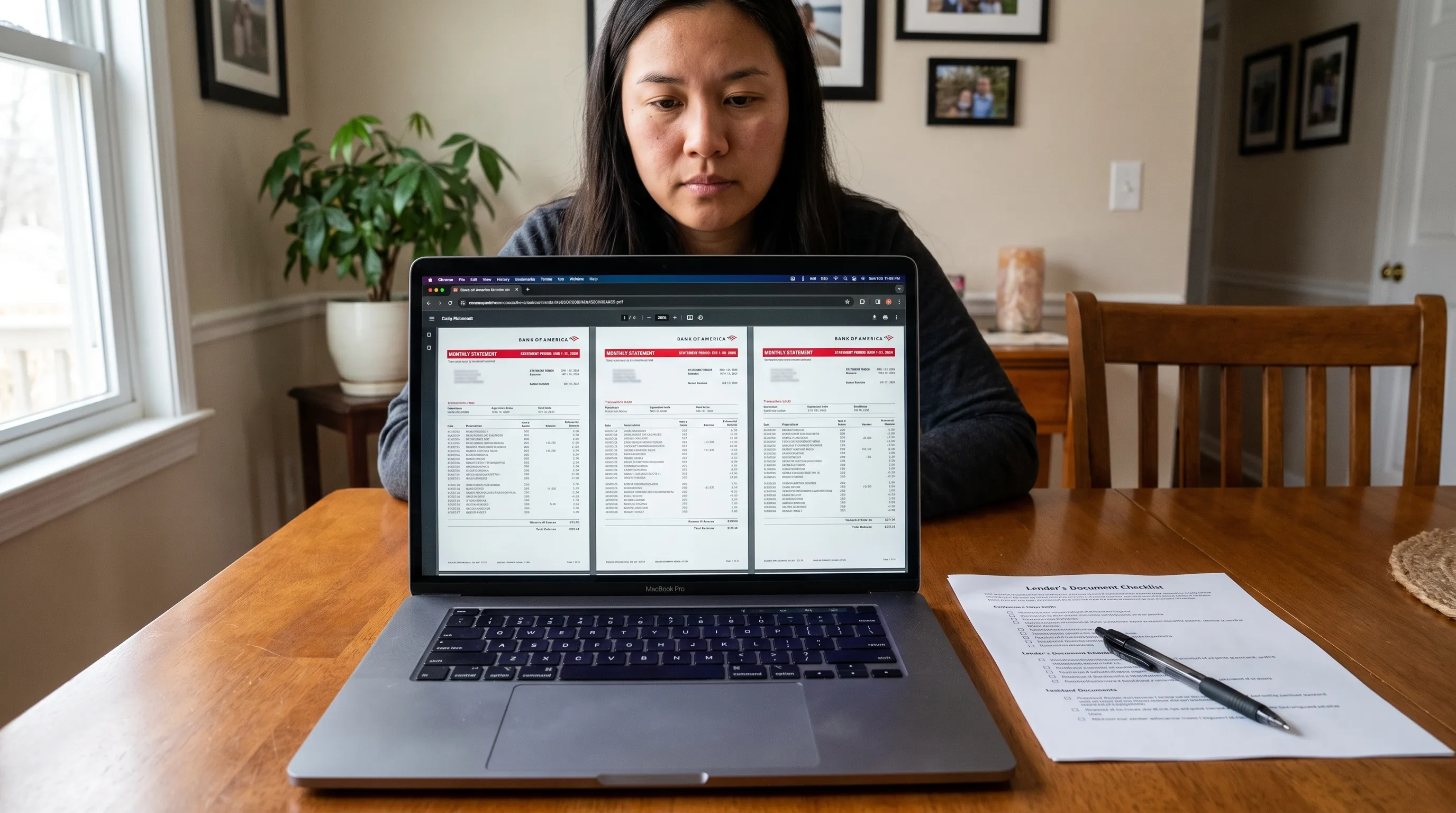 A borrower reviews three monthly bank statement PDFs beside a lender’s checklist before submitting a 3 months bank statement pdf request.