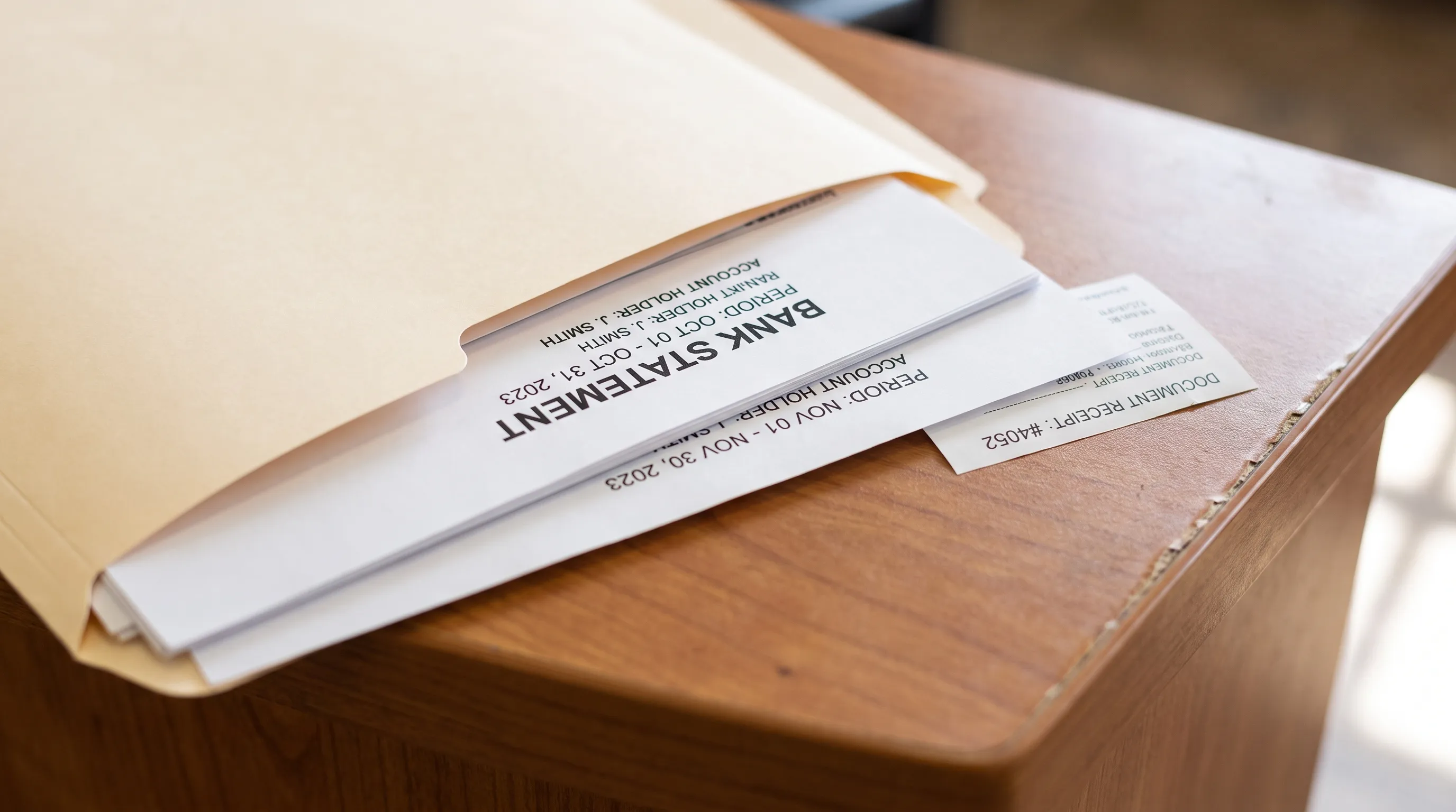 Two bank statements in a folder show consecutive statement periods and account details for a loan application.