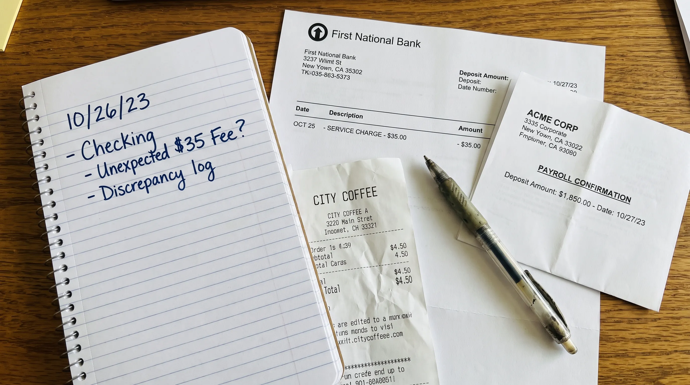 A handwritten discrepancy log records an unexpected account fee beside a checking statement, receipt and payroll confirmation.