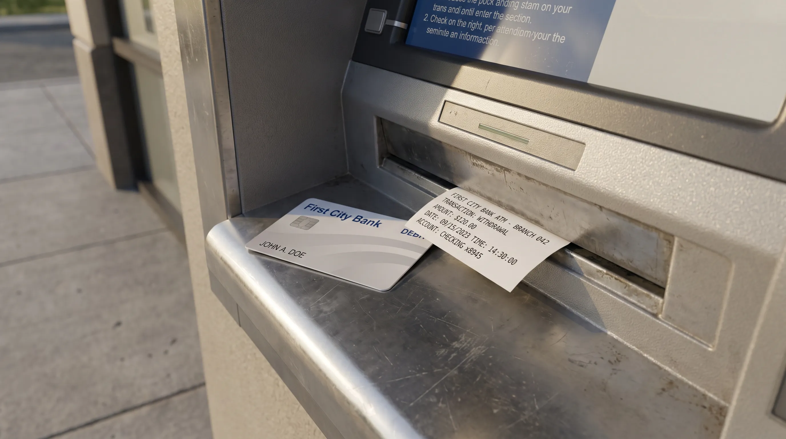 A checking account debit card and ATM receipt show a recent cash withdrawal, the kind of transaction to verify when reviewing a statement.