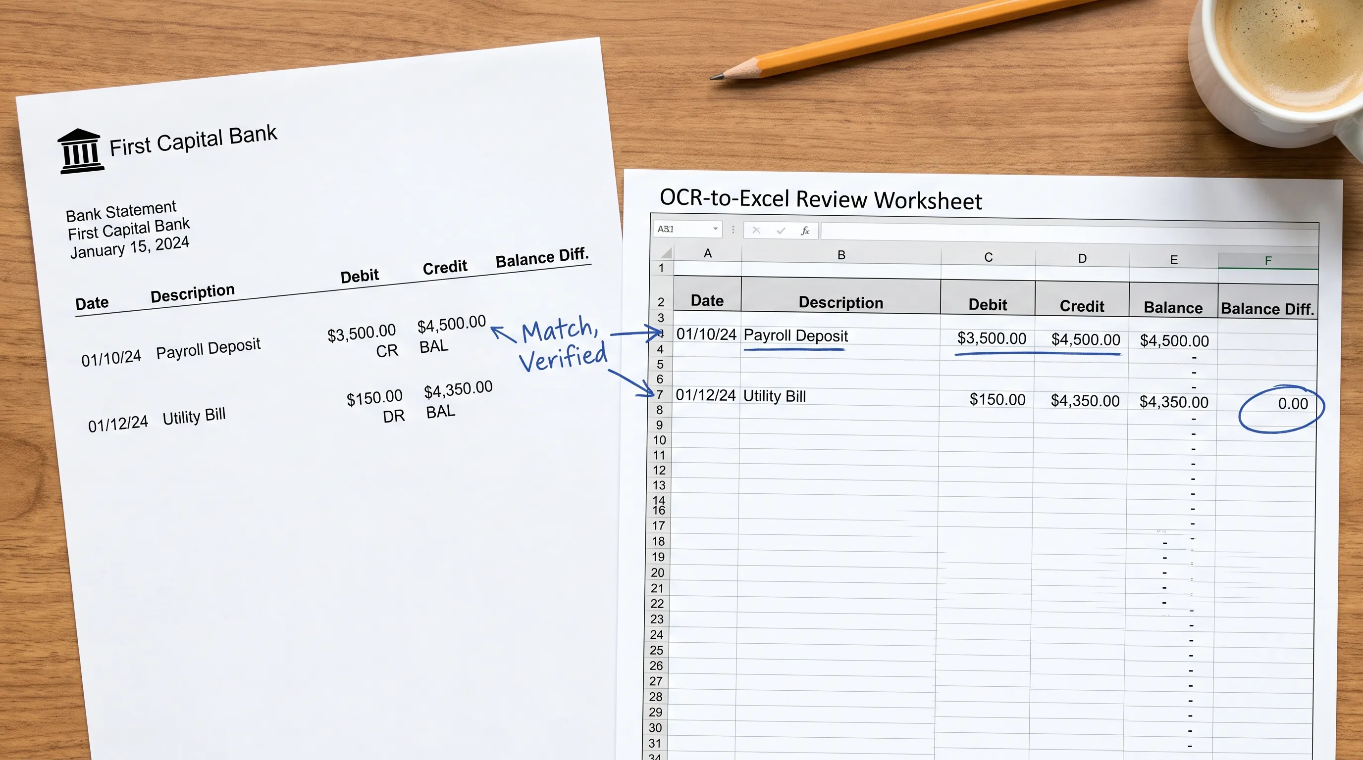 A bank statement and an OCR-to-Excel review worksheet lie side by side, with matching transaction rows, debit and credit columns, balance differences and handwritten notes visible.