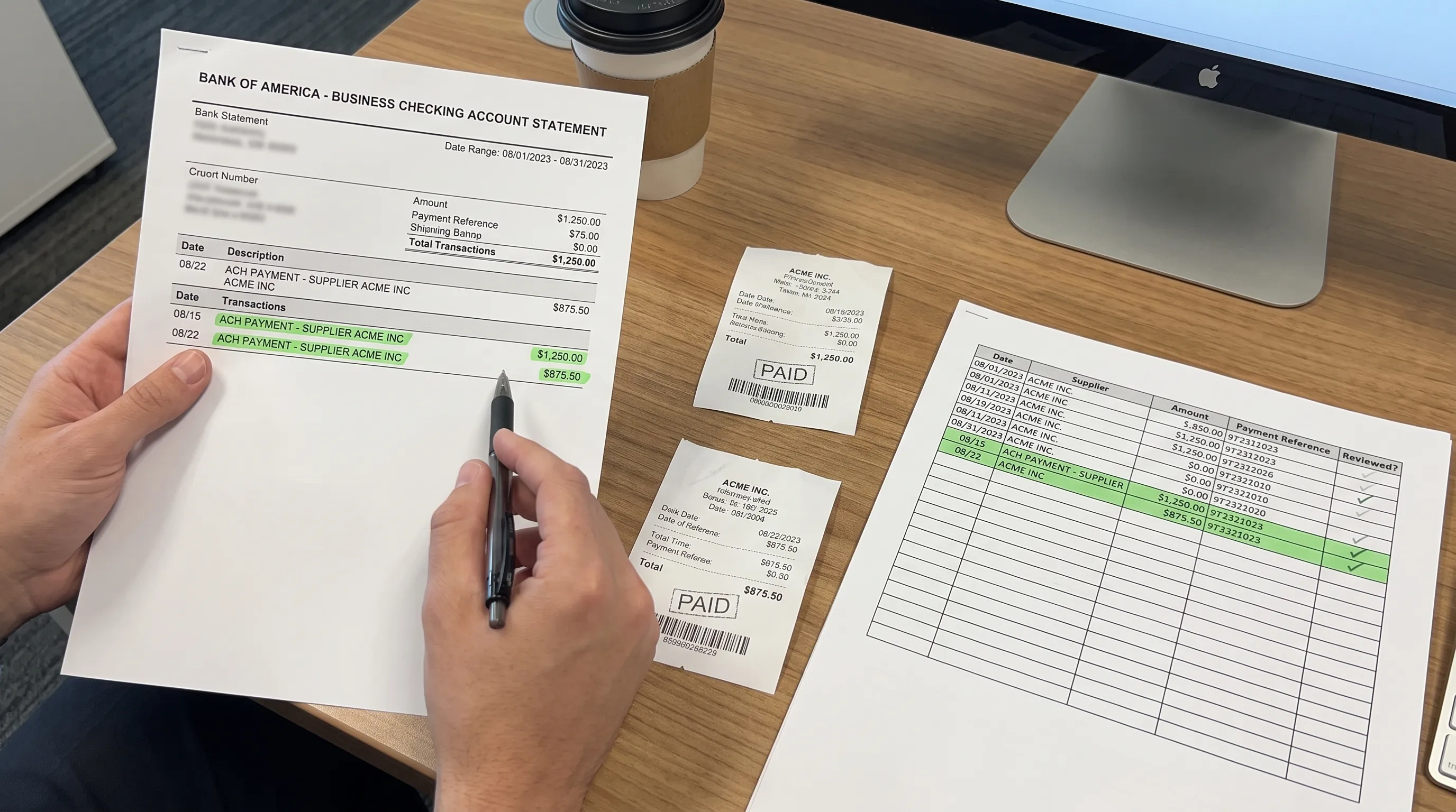 A reviewer compares two matching supplier payments on a bank statement with their receipts beside a spreadsheet review sheet.