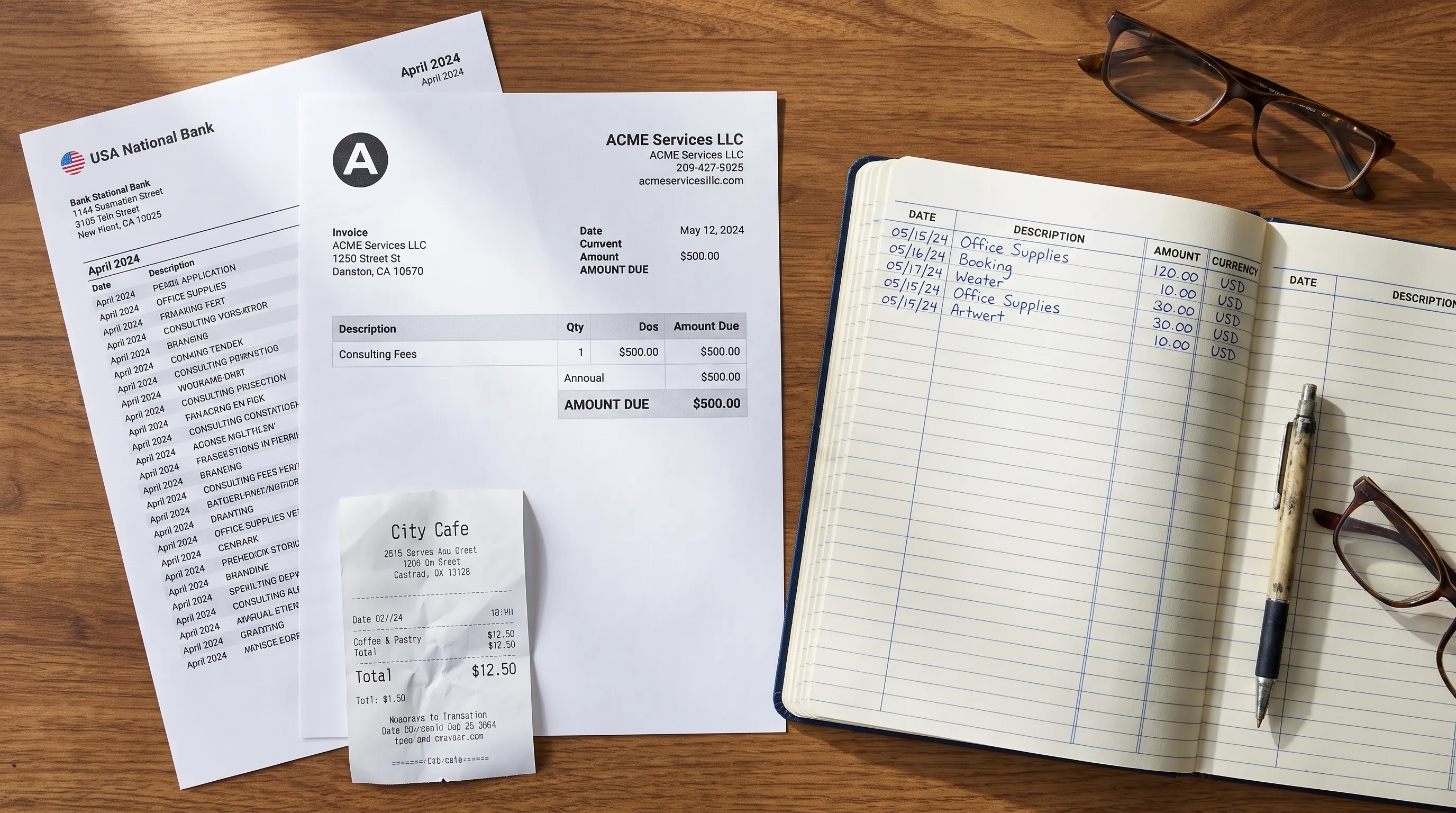 A bank statement, invoice, and receipt are laid out beside a ledger with separate date, description, amount, and currency columns.