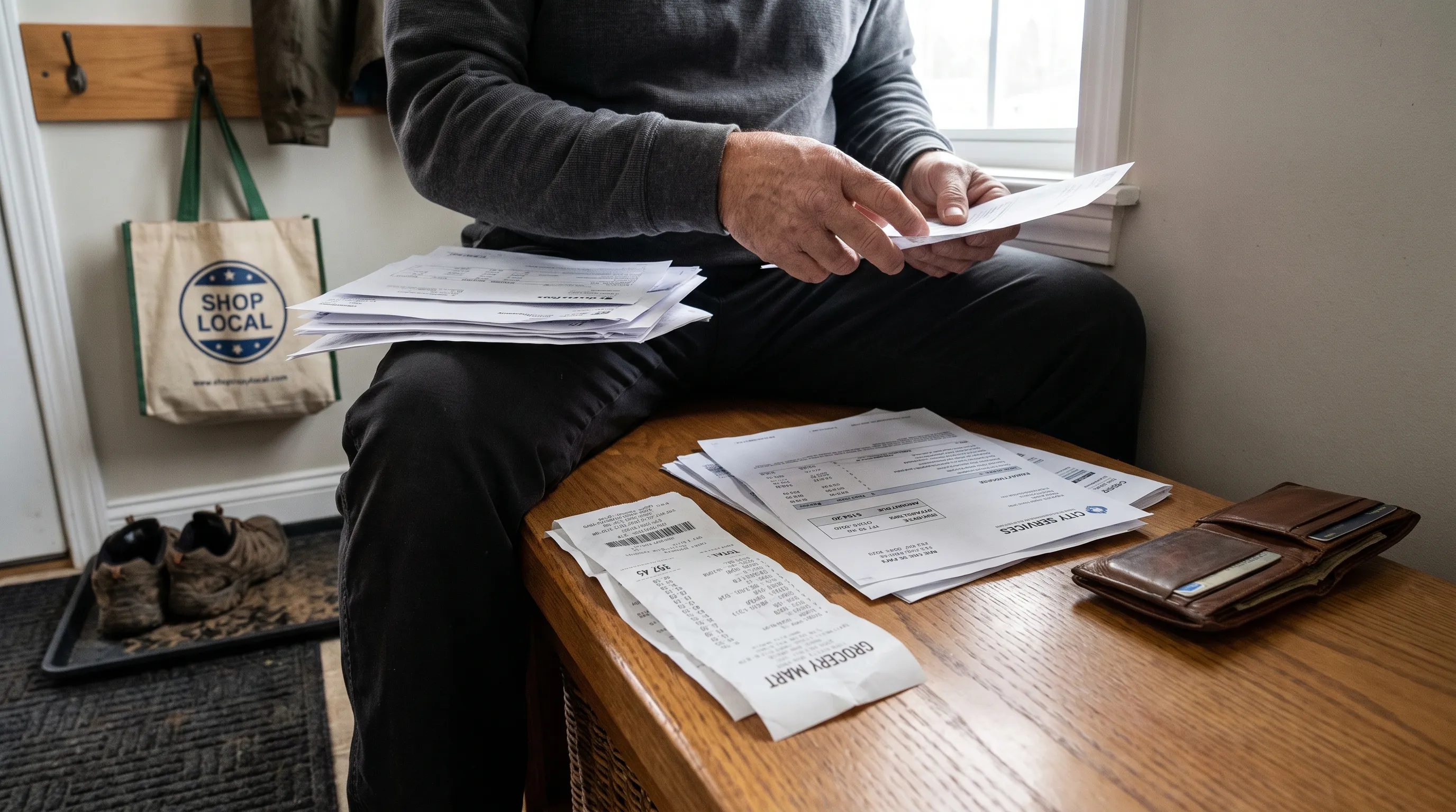 An adult sorts a receipt and utility invoice beside a wallet after errands, with itemized charges visible.