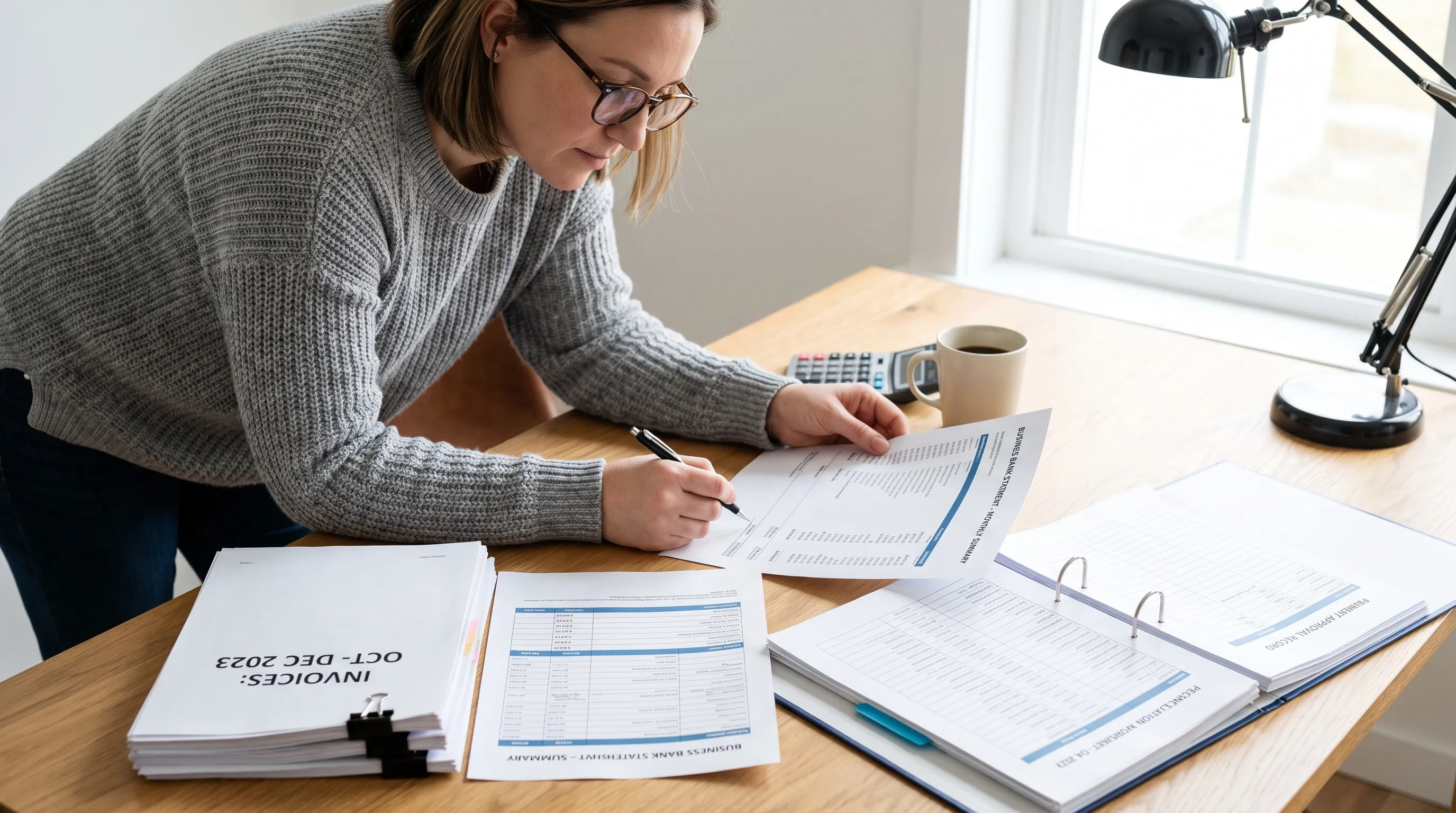 A finance reviewer checks a printed business bank statement against its reconciliation worksheet, invoices and payment approval record at a close-review table.