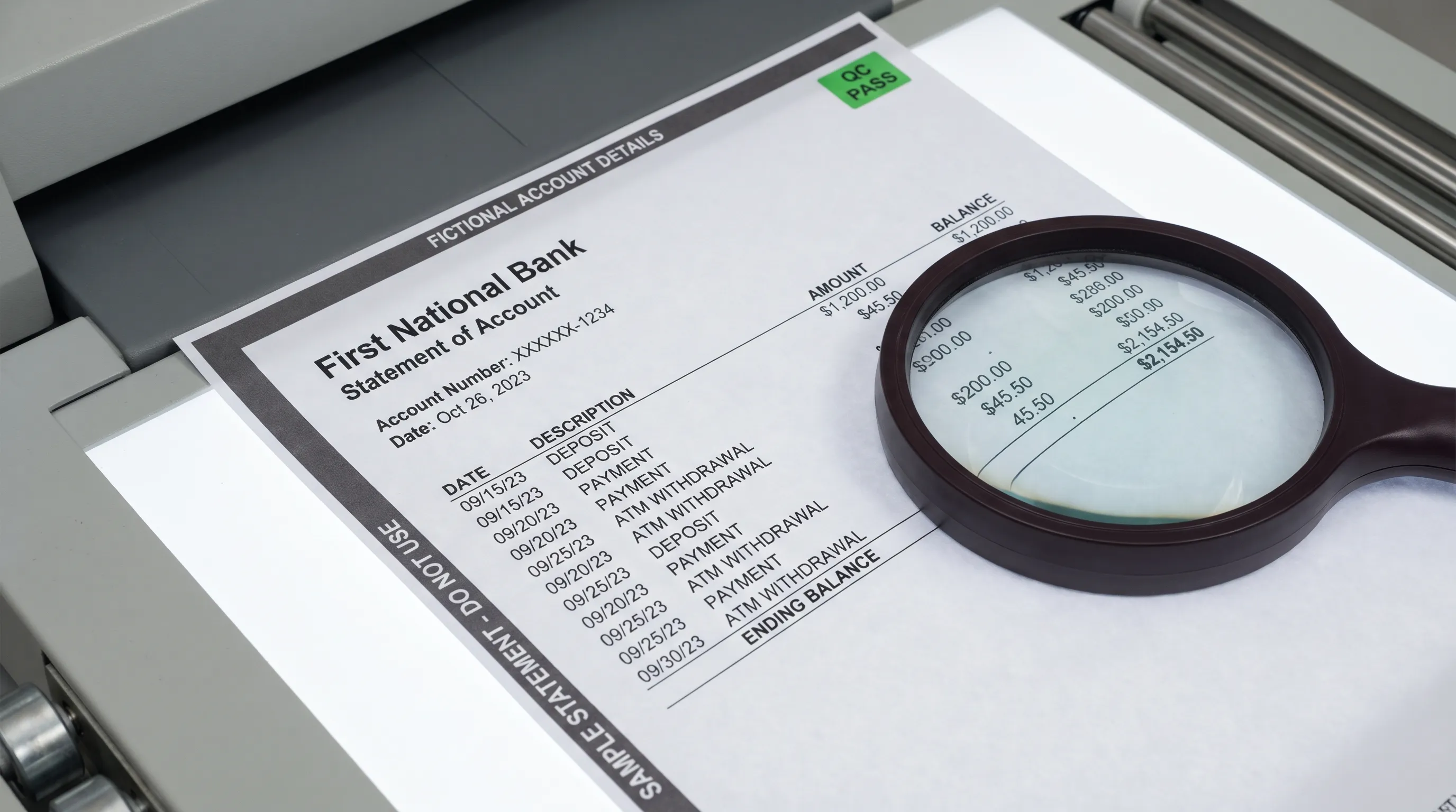 A magnifier enlarges decimal points and the balance column on a complete bank statement during scan review.