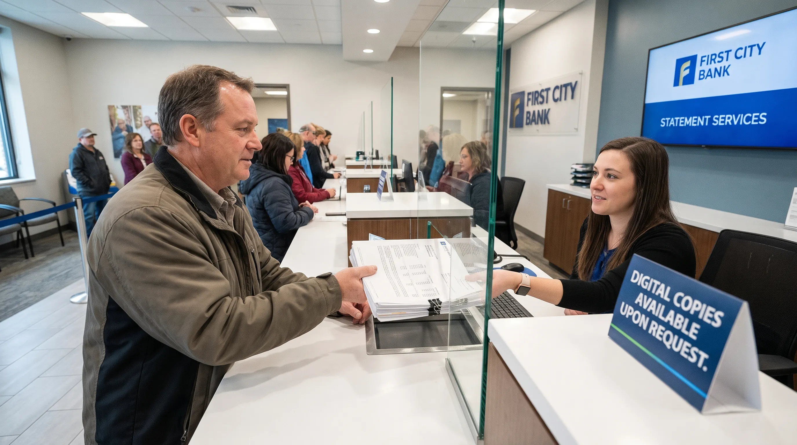 A customer discusses paper statements and an original PDF with a bank employee.