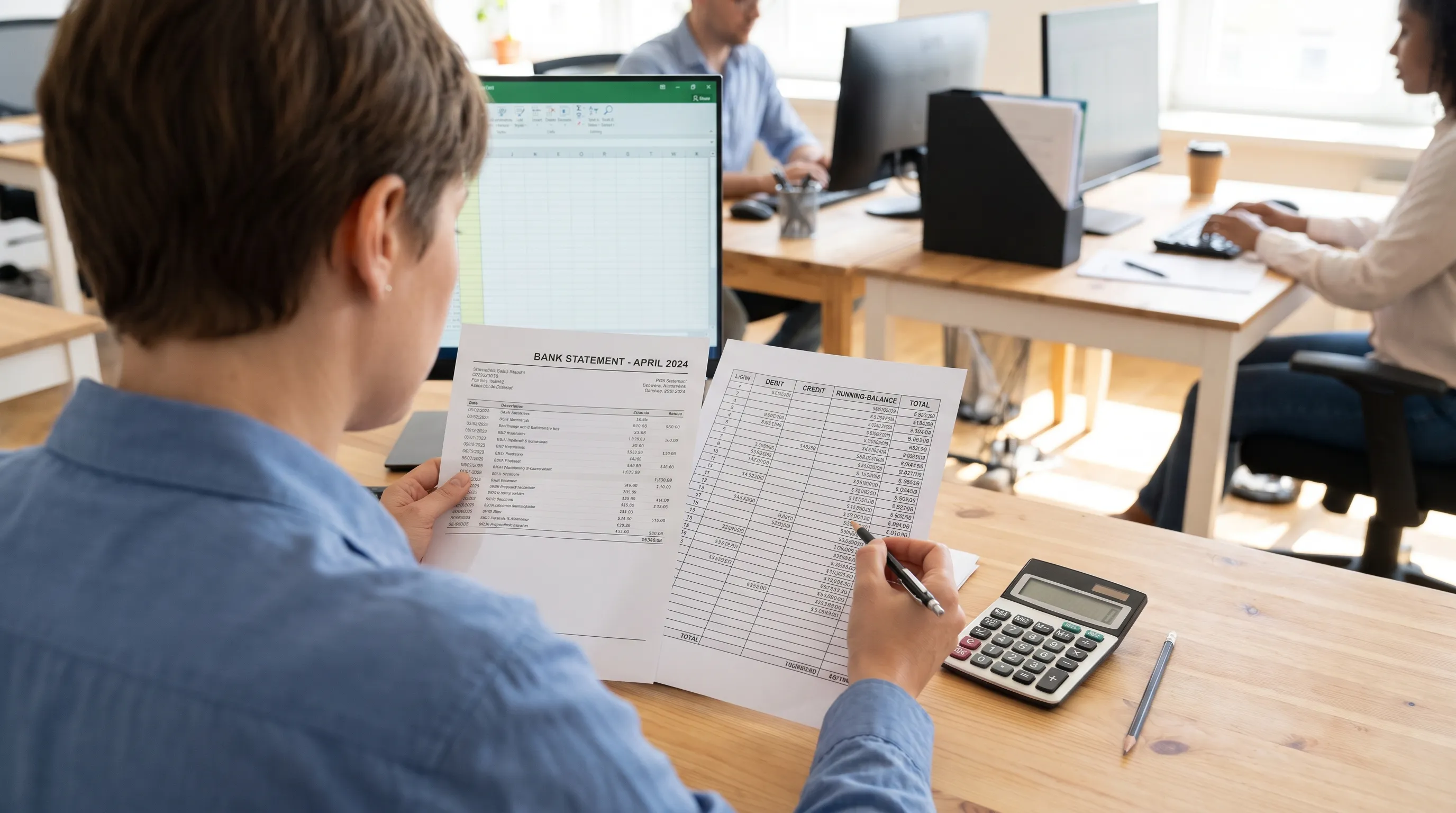 A reviewer checks a bank statement against debit, credit, balance, and total columns to investigate an OCR document scanning discrepancy.