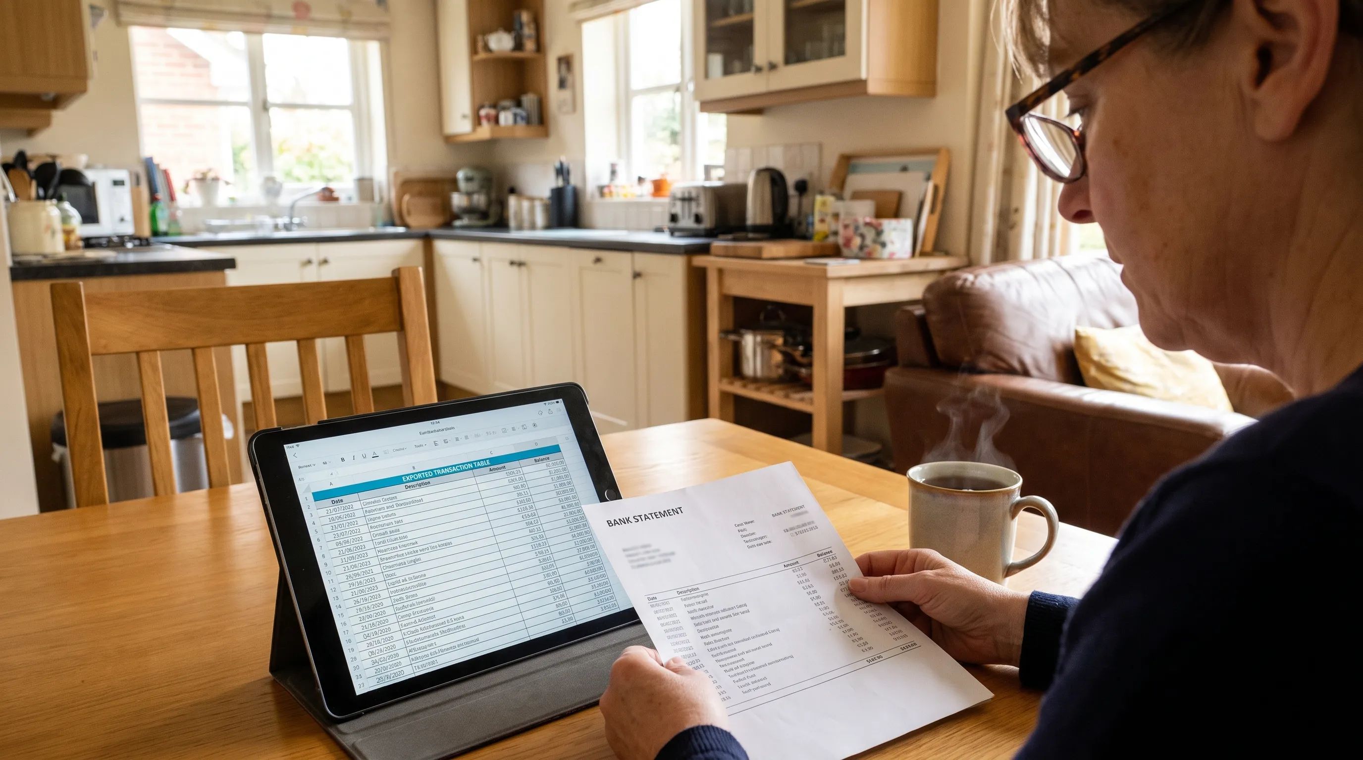 An adult compares a bank statement with its transaction table on a tablet at home.