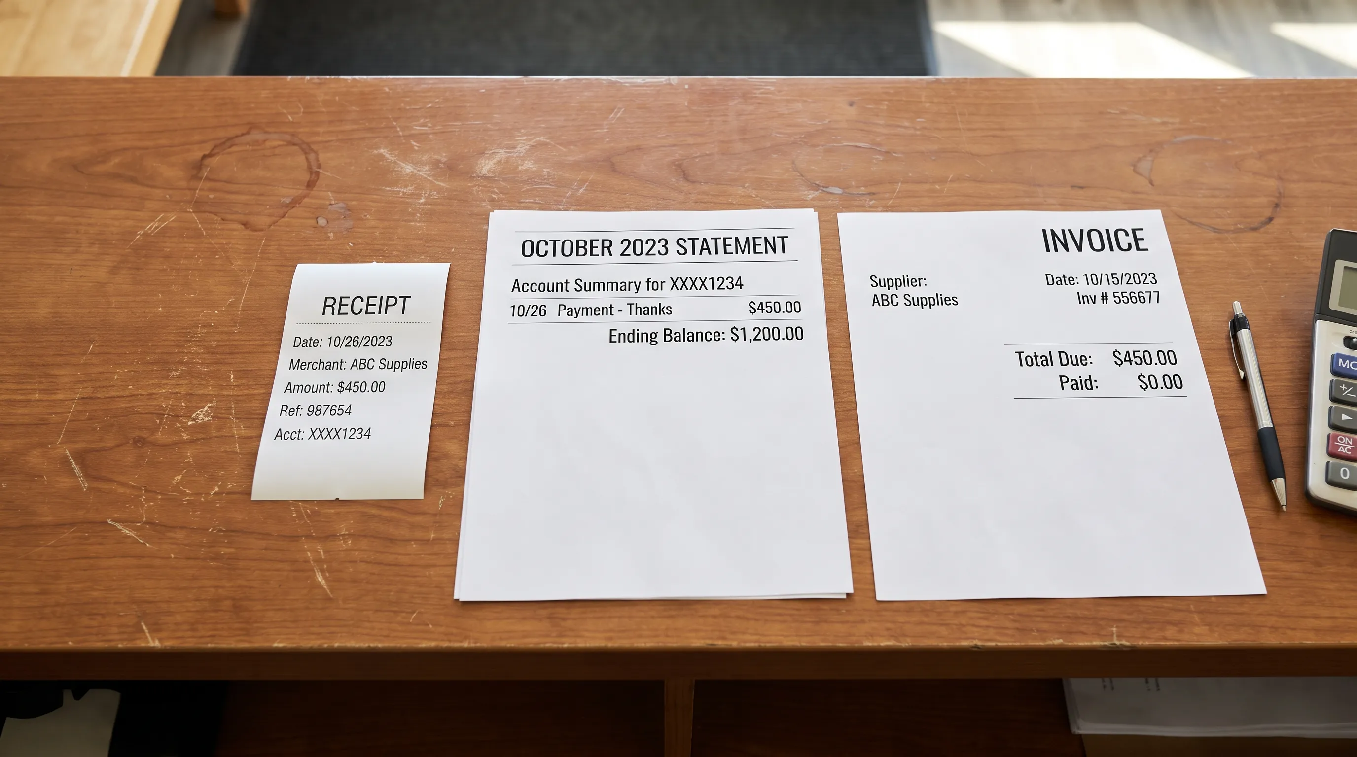 A bank receipt, statement page and supplier invoice show dates and references for matching a business payment.