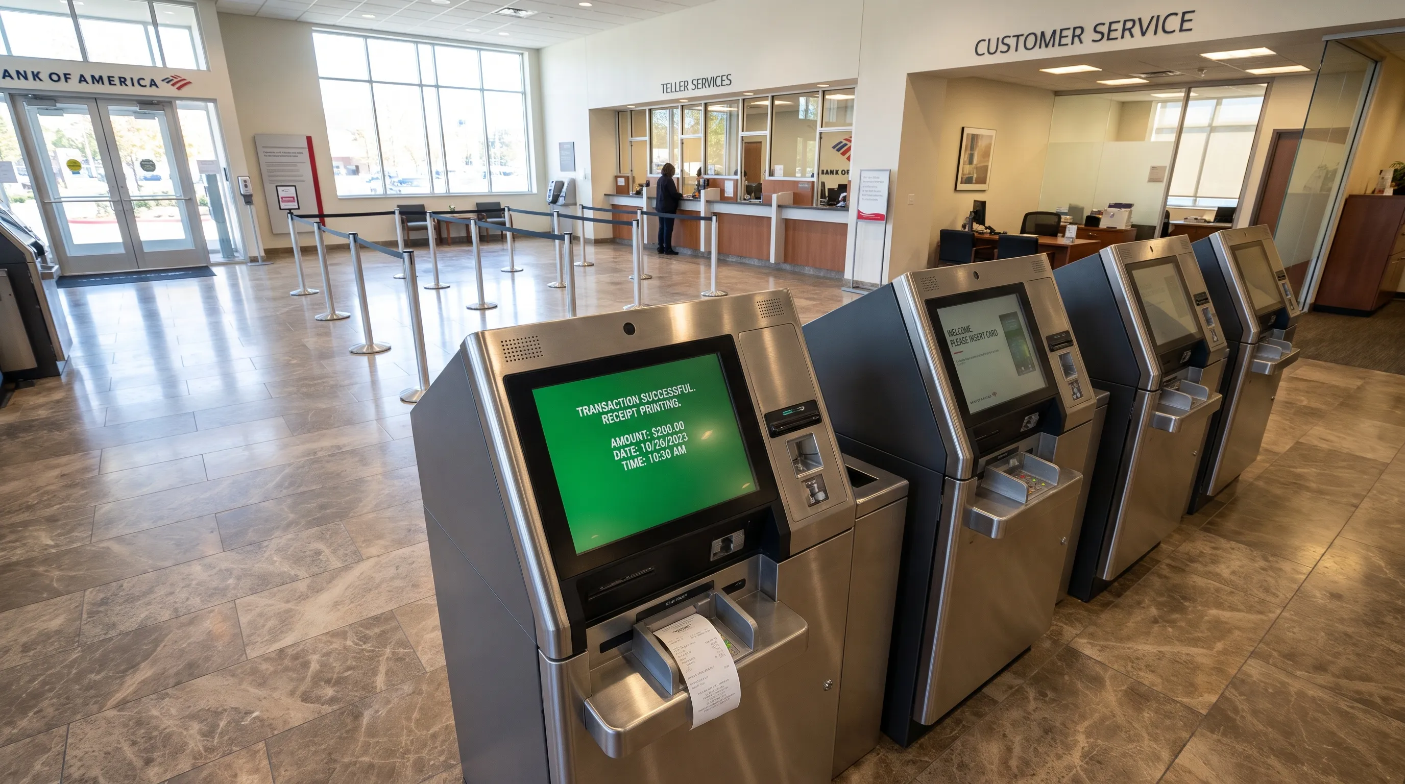 A bank lobby kiosk offers a printed confirmation for a completed transaction.