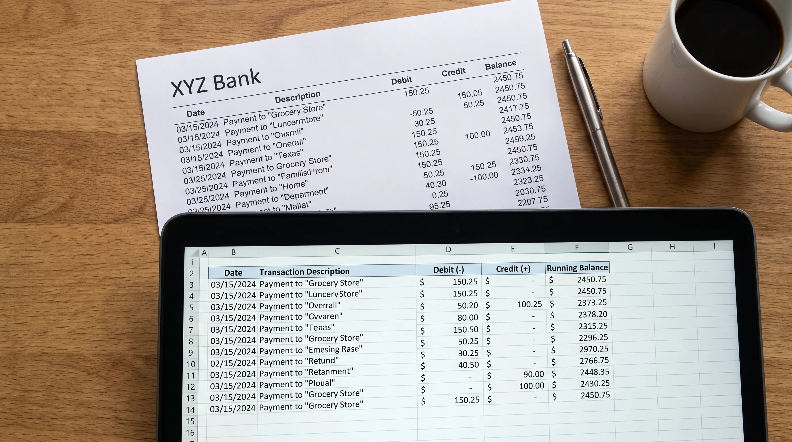 A printed bank statement and spreadsheet show transaction dates, descriptions, debits, credits, and running balances arranged in separate columns.