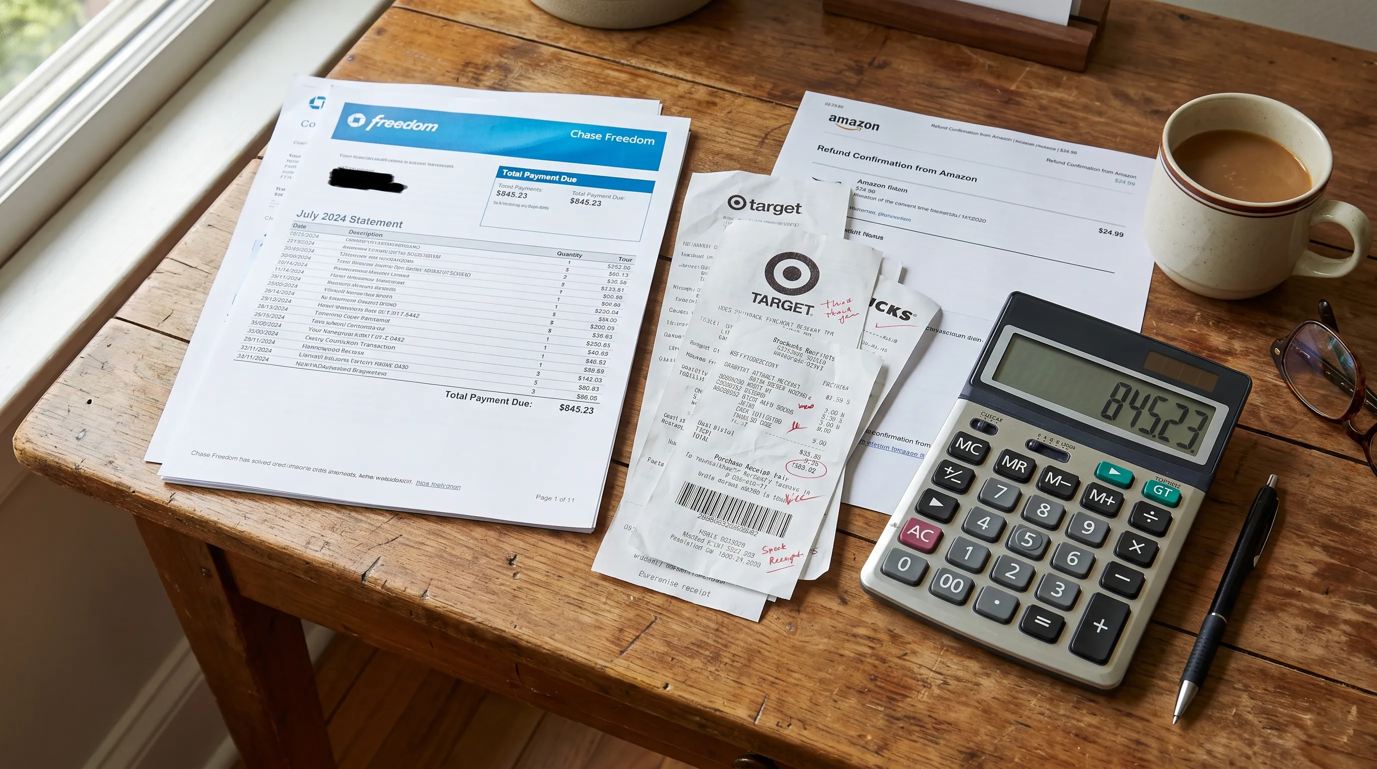 A printed credit card statement, purchase receipts, refund confirmation and calculator are spread across a desk for checking charges and payment totals.