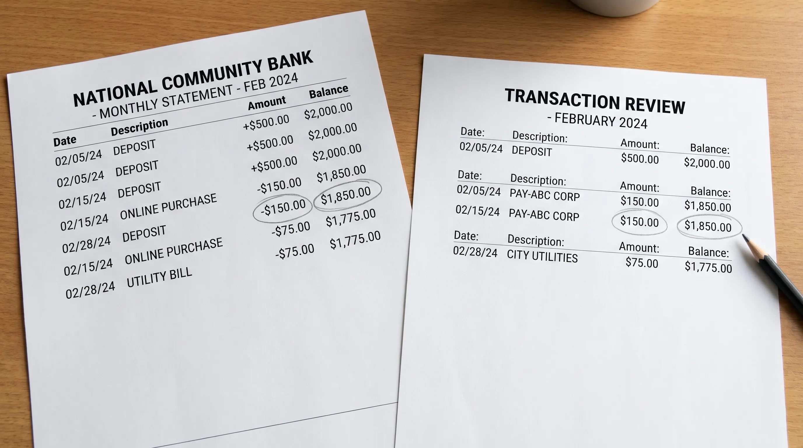 A bank statement and extracted transaction table show matching dates, payment amounts, and running balances for optical character recognition review.