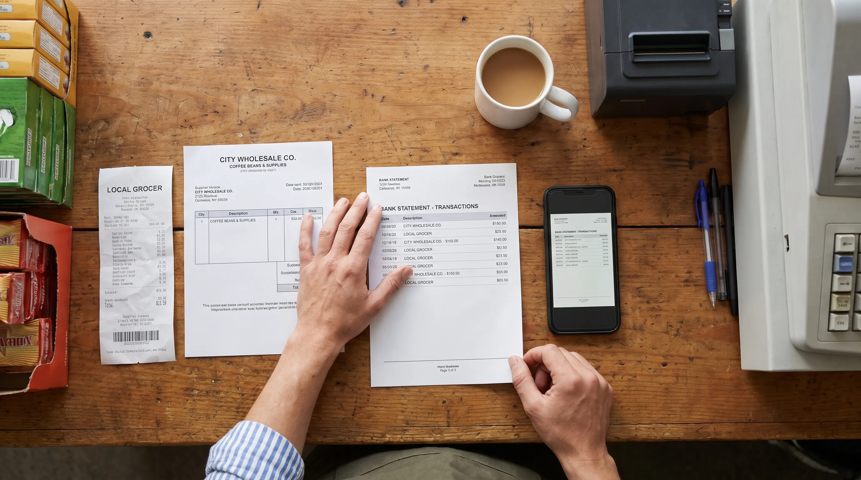 A shopkeeper arranges a photographed bank statement beside a supplier invoice and receipt for financial data capture.
