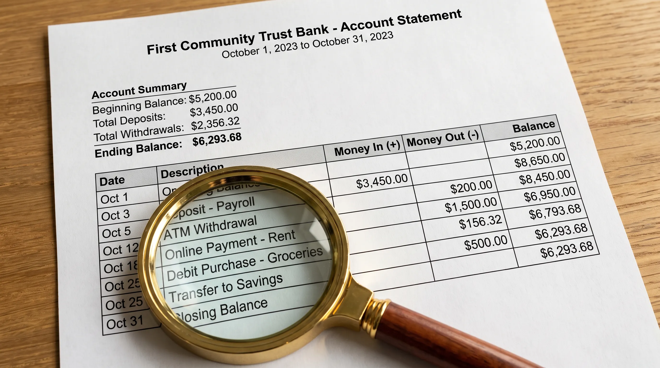 A printed fictional bank statement shows an account summary, dated transactions, separate money-in and money-out columns, and running balances, with a magnifying glass beside one row.