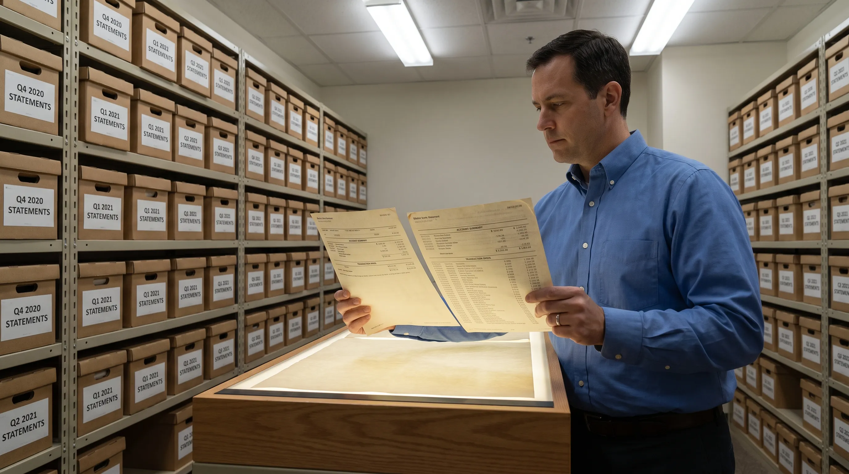 An analyst compares bank statement pages beside archival shelves, checking account details against transaction entries.