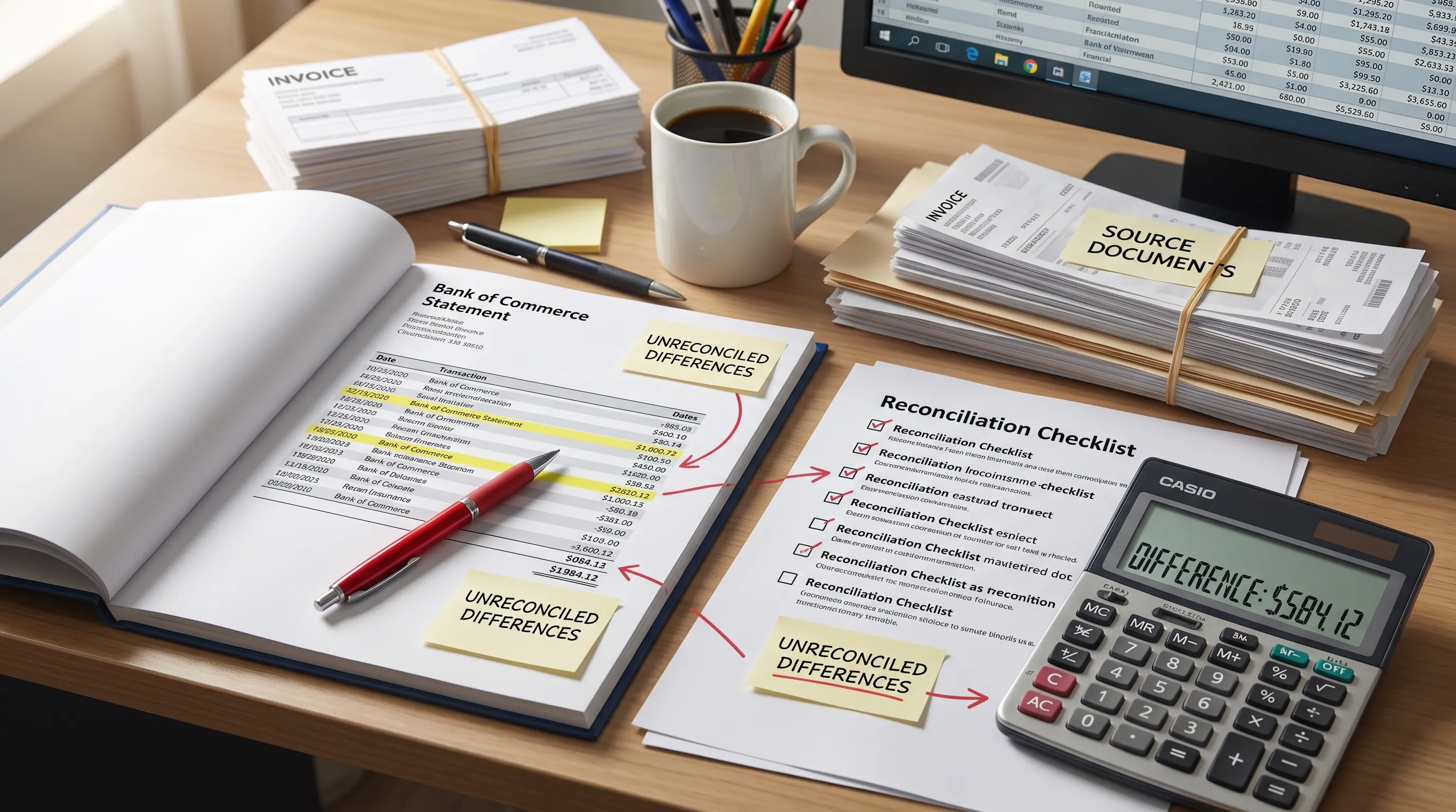 A finance desk with an opened financial institution statement, a reconciliation checklist, calculator, marked balance differences and source documents grouped for audit review.